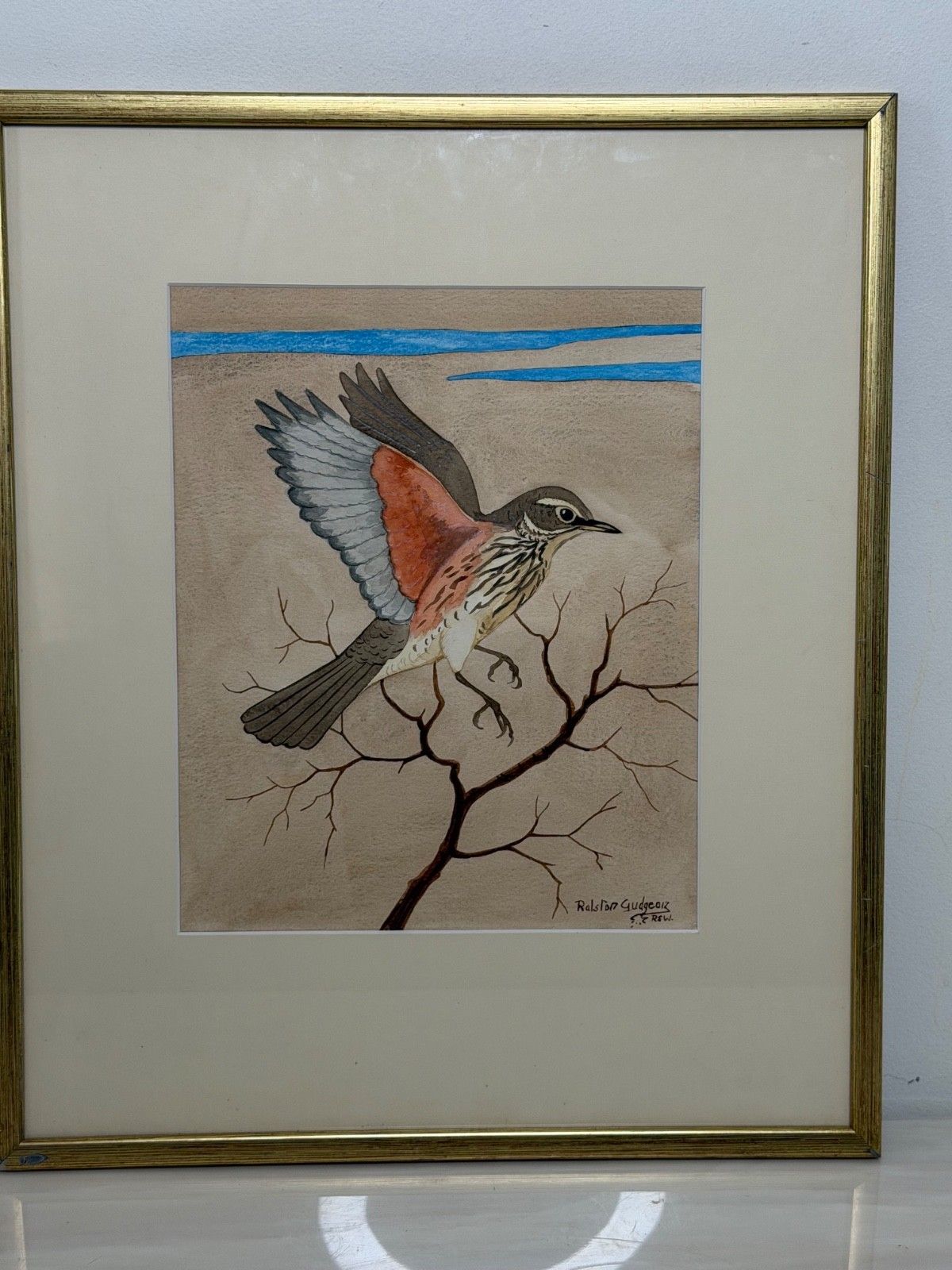 Mid-Century schilderij Redwing vogel, gesigneerd door Ralston Gudgeon photo vinterior