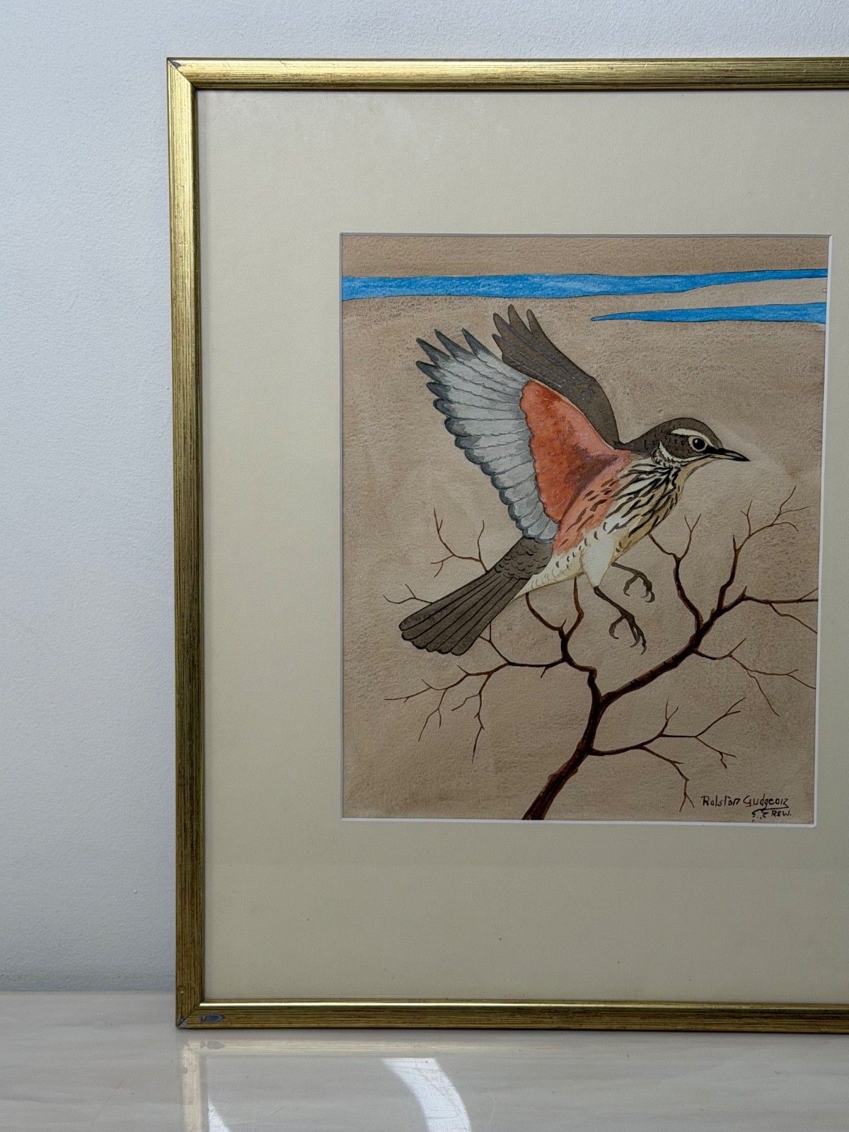Mid-Century schilderij Redwing vogel, gesigneerd door Ralston Gudgeon photo buy