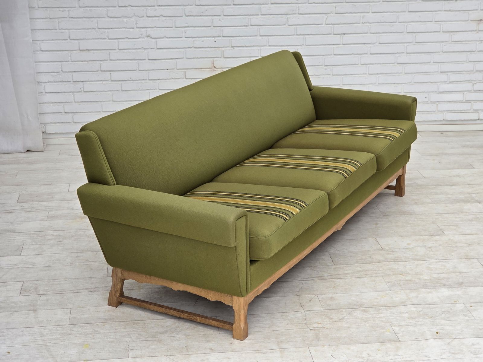 1970s, 3 Seater Danish Sofa, Green Furniture Wool, Oak Wood. photo vintage