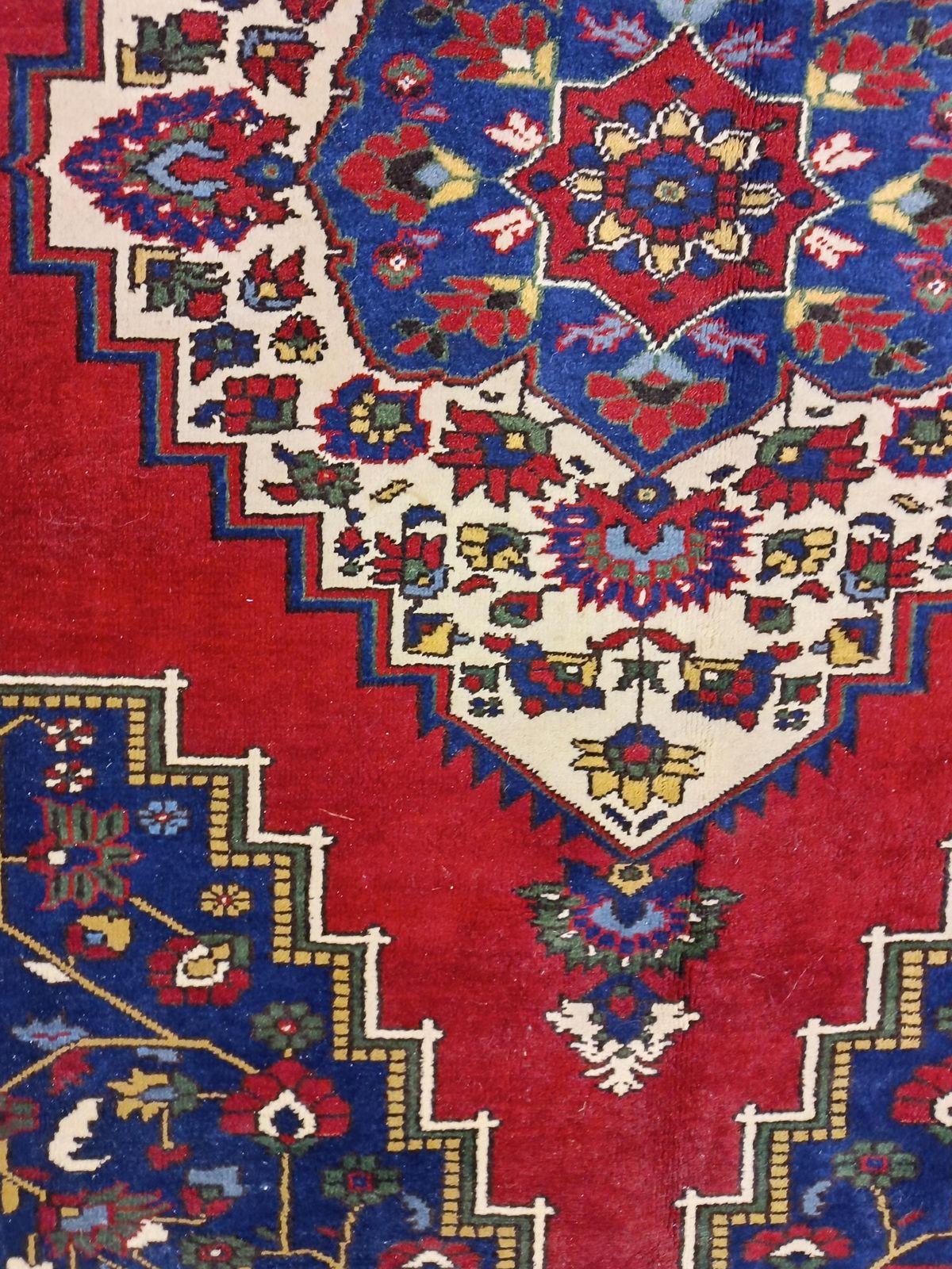 Tapis en laine turc tissé main 325 x 210 cm, grand tapis vintage rouge et bleu à motifs géométriques photo Textiles