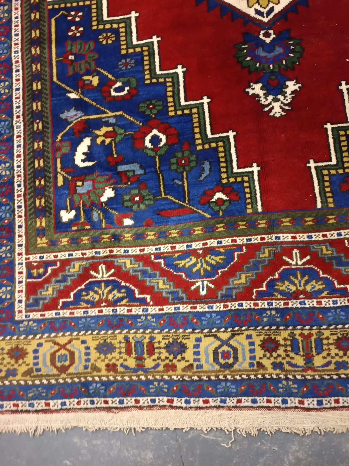 Textiles Tapis en laine turc tissé main 325 x 210 cm, grand tapis vintage rouge et bleu à motifs géométriques photo