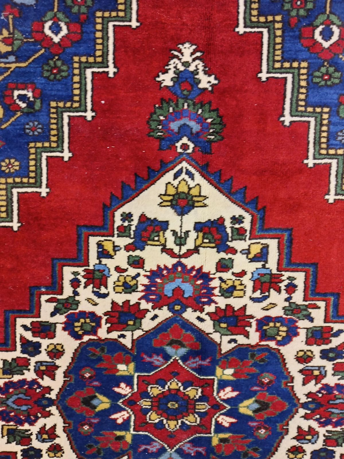 photo buy Handgeweven Turks wollen vloerkleed 325 x 210 cm groot vintage rood blauw geometrisch tapijt