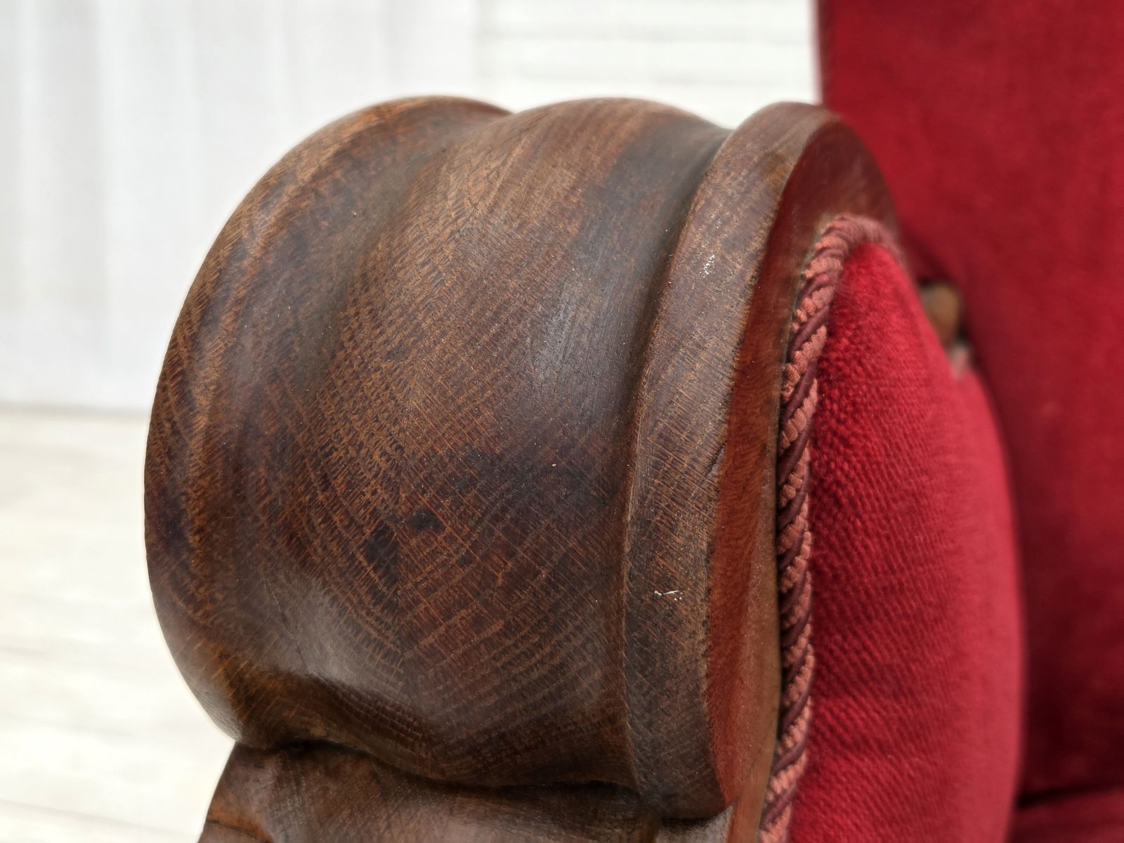 1950s, Danish Relax Armchair, Furniture Velour, Carved Oak Wood. photo vinterior