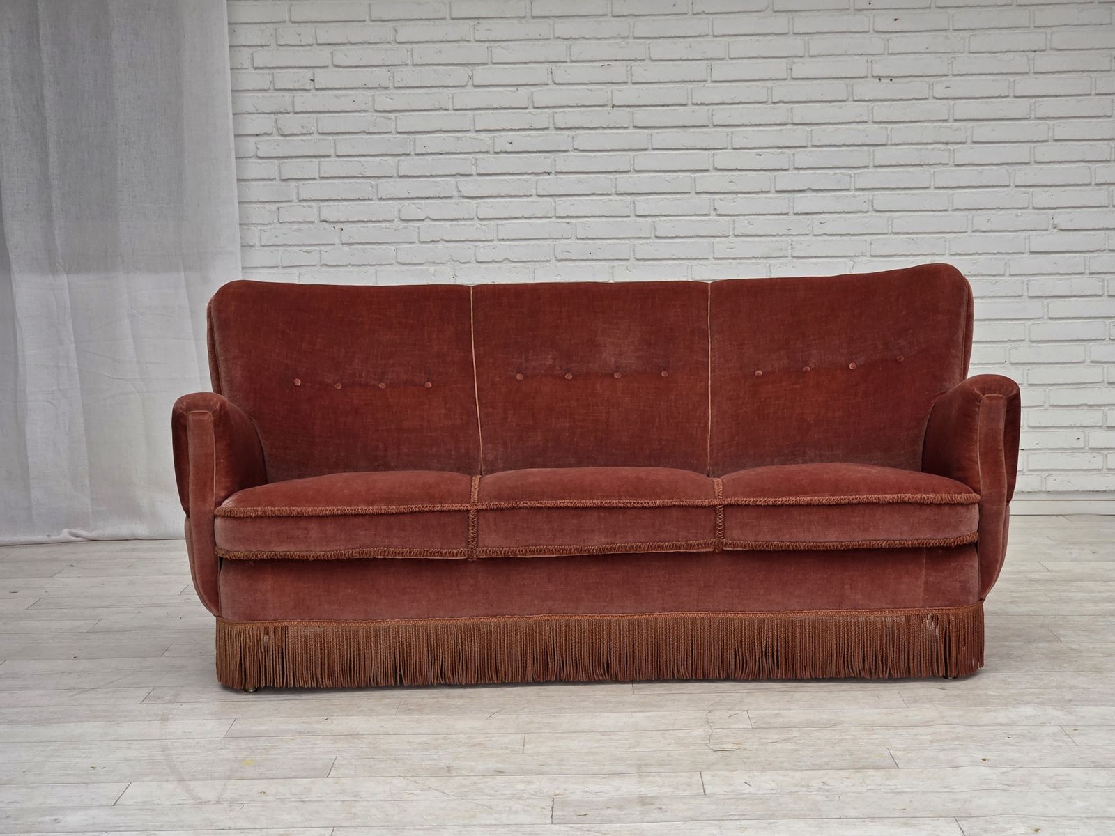1970s, 3 Seater Danish Curved Sofa, Pink Furniture Velour. photo furniture