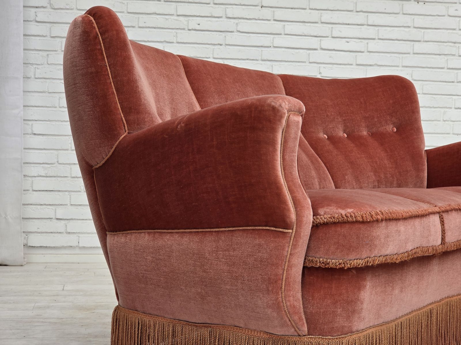 photo for sale 1970s, 3 Seater Danish Curved Sofa, Pink Furniture Velour.