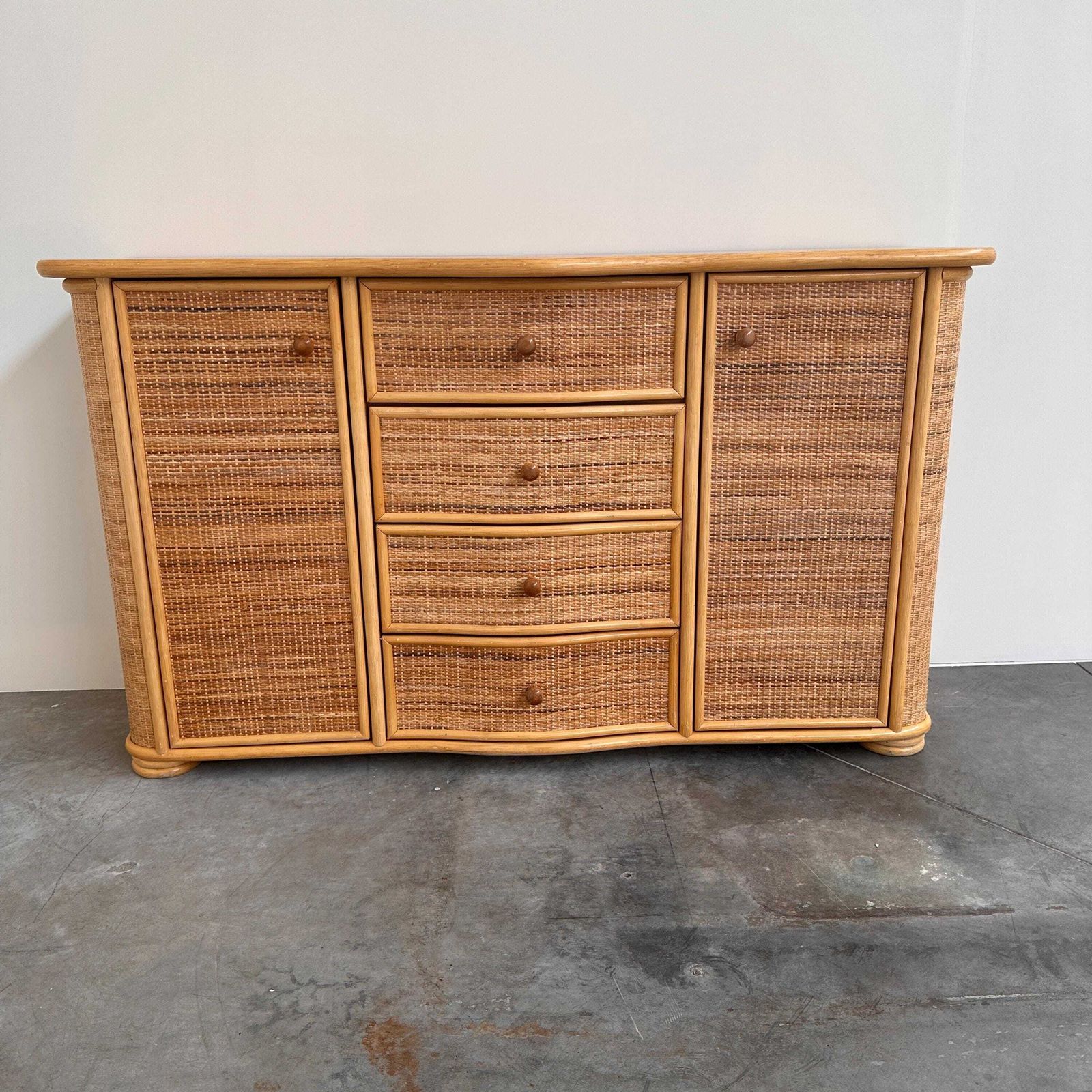 photo for sale Vintage Curved Rattan Sideboard, Coastal Credenza, Wicker Cabinet, Boho Buffet, Hollywood Regency, 1980s Storage Cabinet