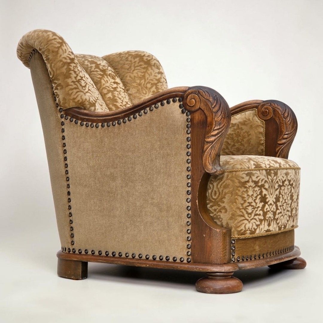 1950s, Danish Relax Armchair, Furniture Velour, Carved Oak Wood.