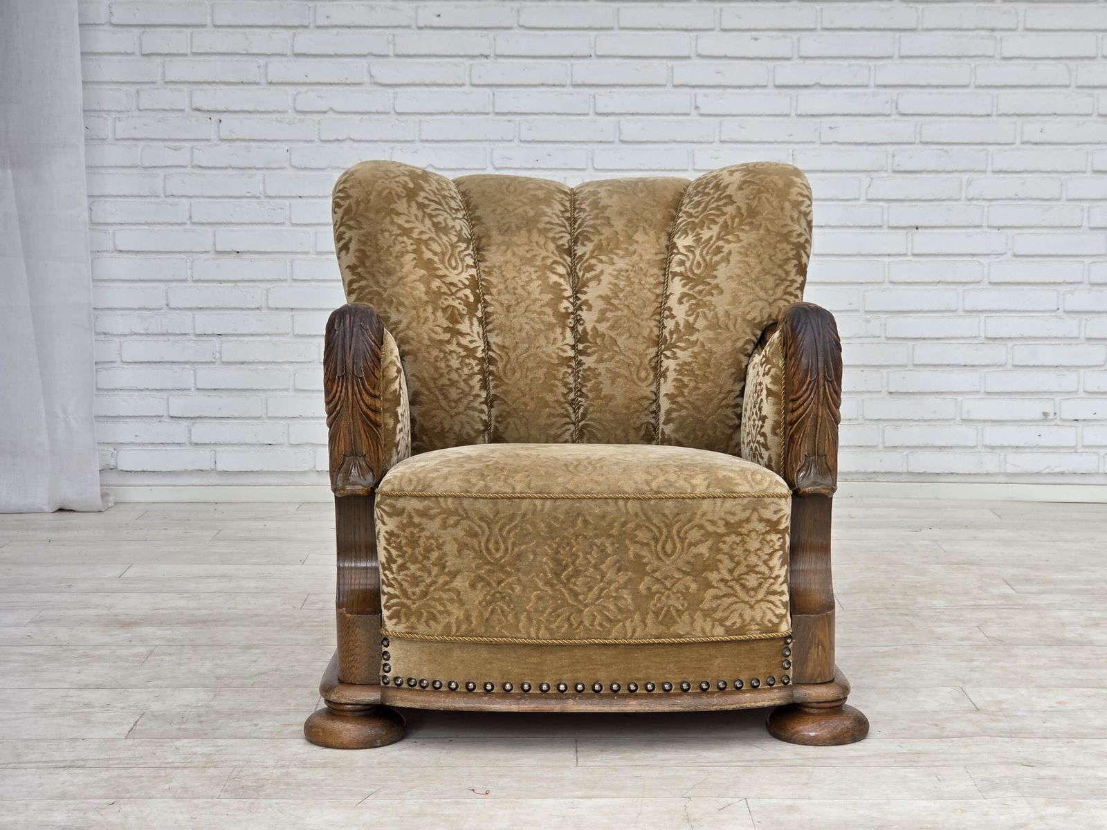 photo for sale 1950s, Danish Relax Armchair, Furniture Velour, Carved Oak Wood.