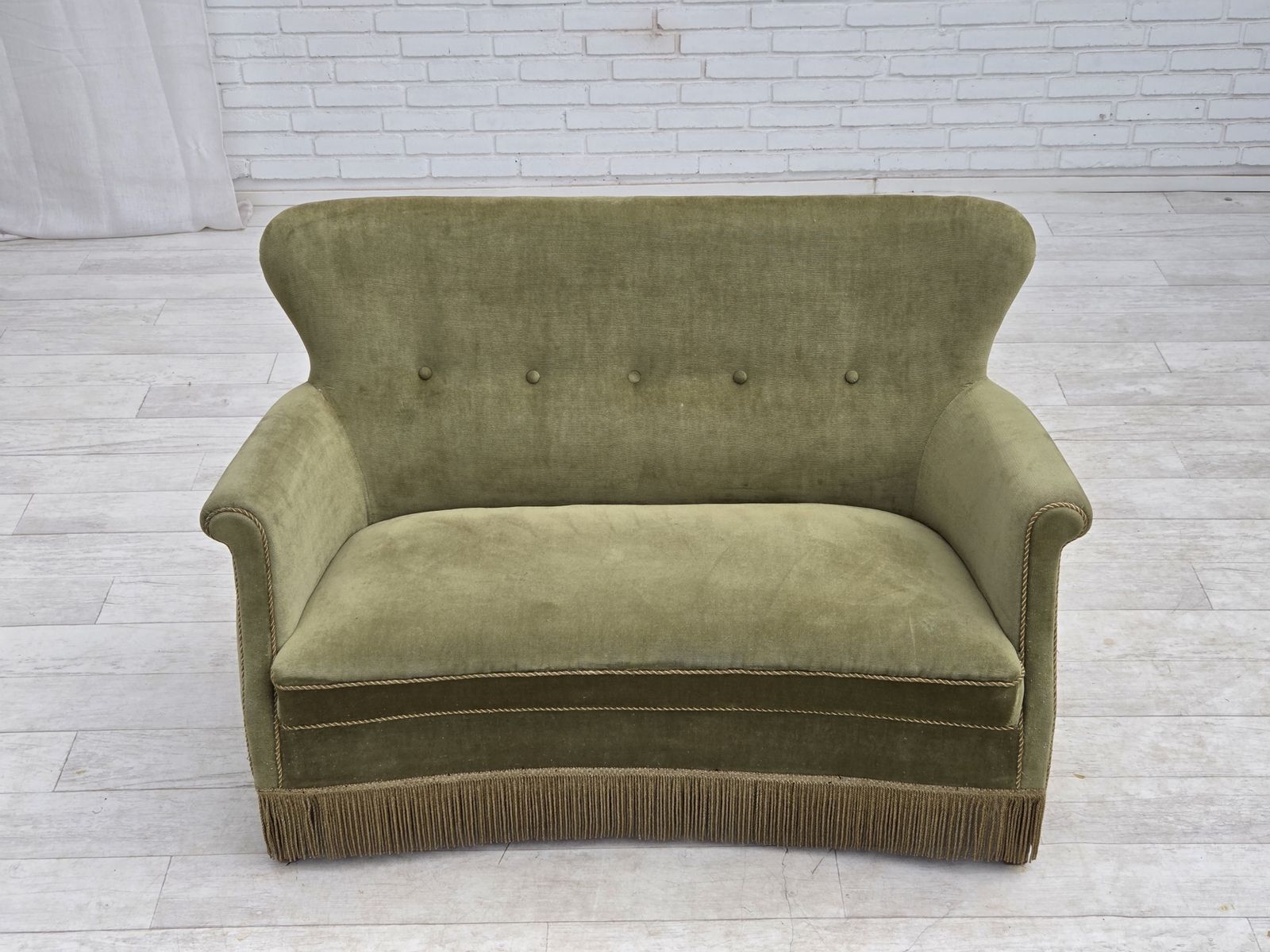 1970s, Danish 2 Seater Sofa, Light Green Furniture Velour. photo furniture
