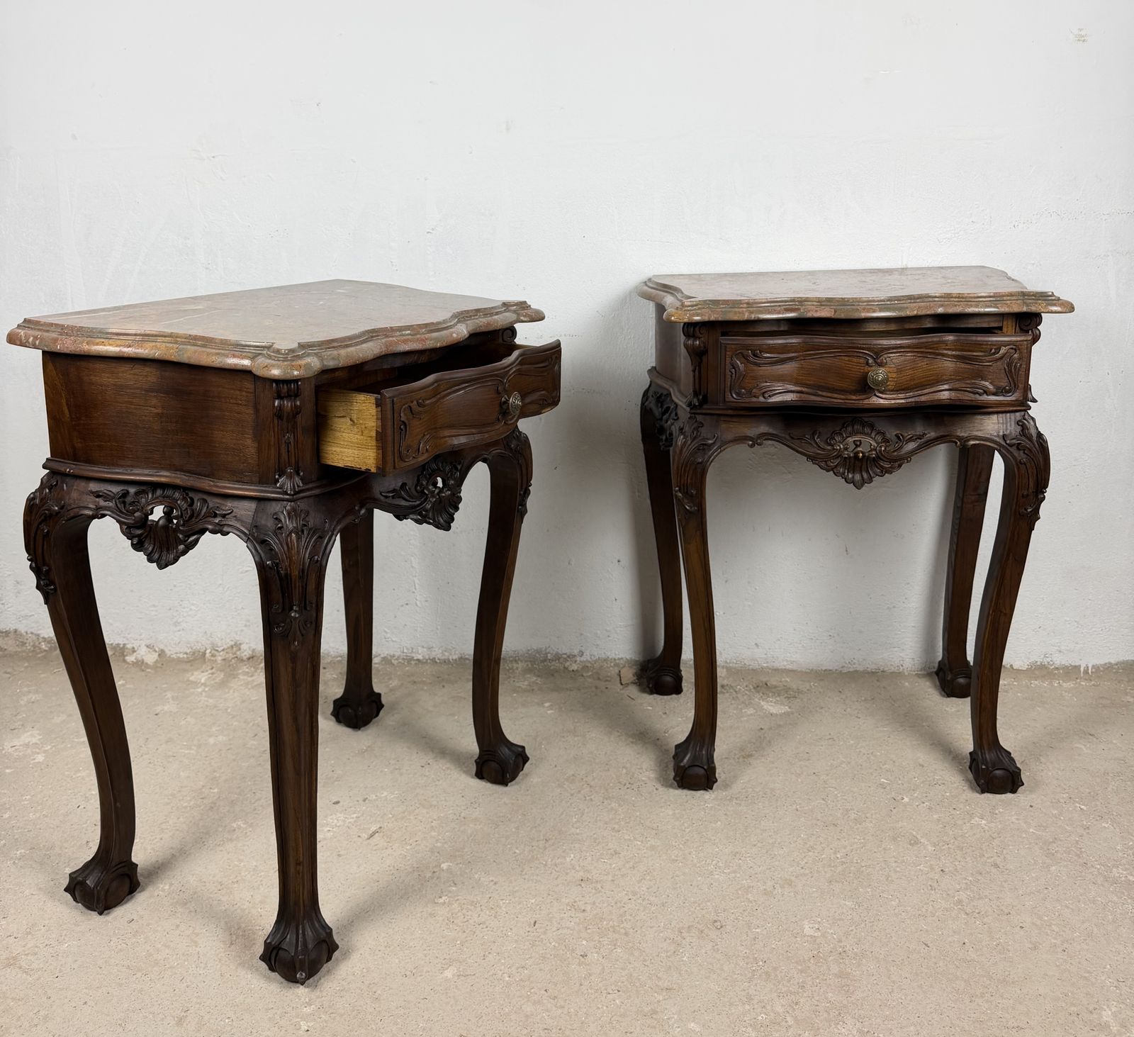 Pair Of French Louis XV Style Nightstands With Marble Tops photo buy