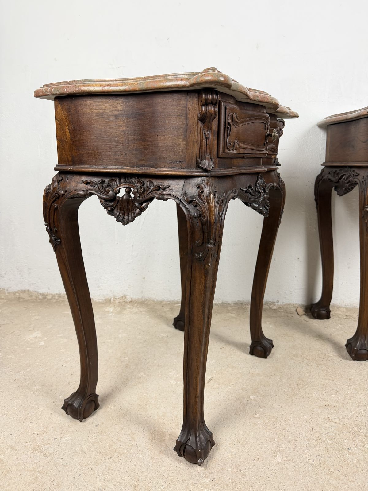 photo furniture Pair Of French Louis XV Style Nightstands With Marble Tops