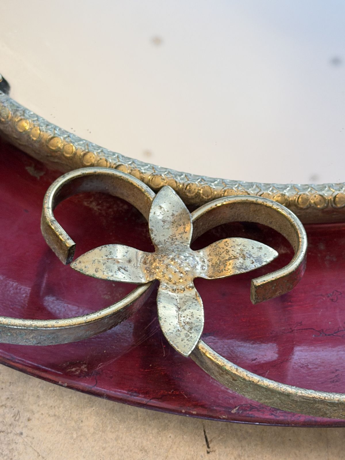 Italian Mid Century Gilt Metal And Ruby Red Enamelled Wall Mirror, C.1950s photo for sale