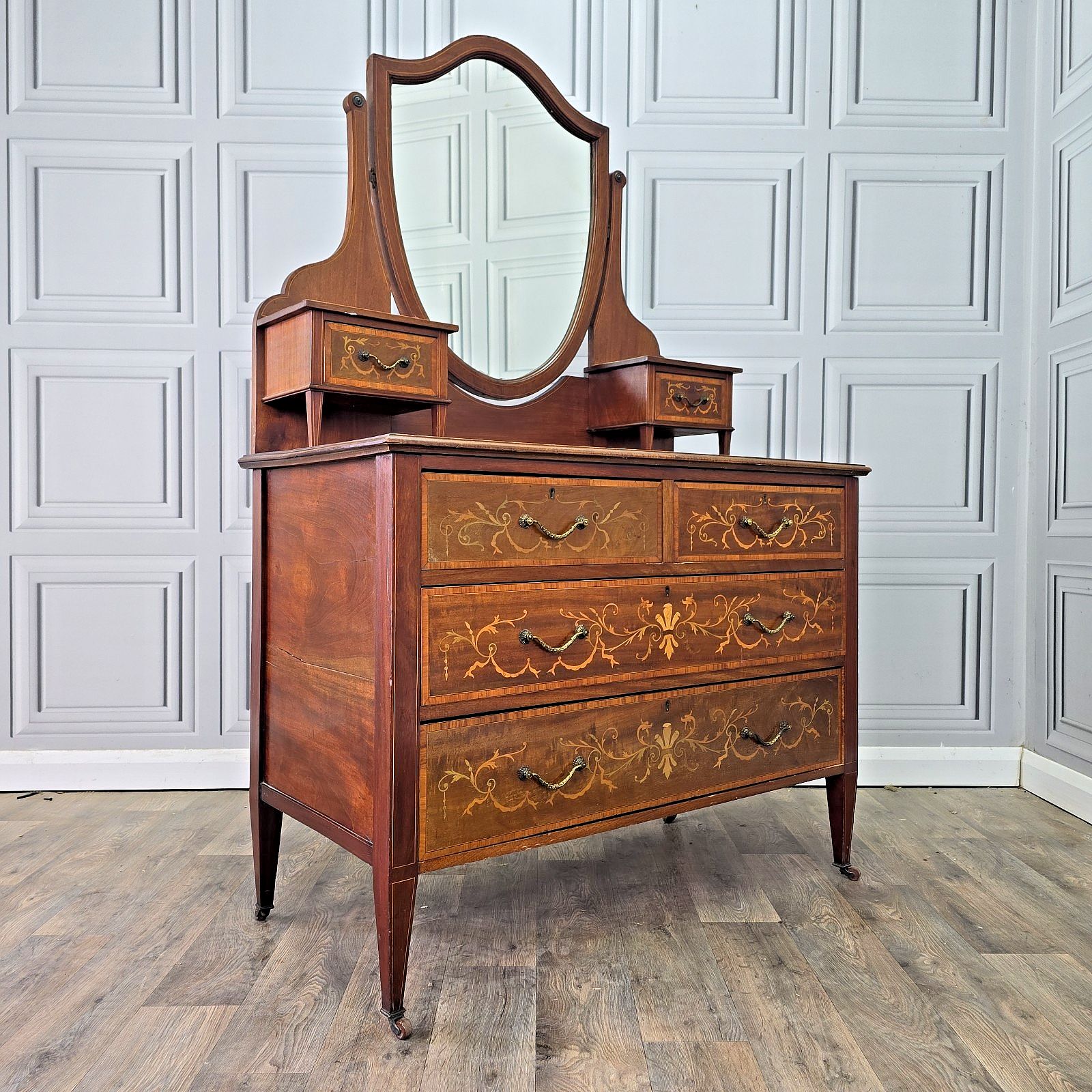 Antique Inlaid Dressing Table Wooden Mahogany Vanity Shield Mirror Edwardian
