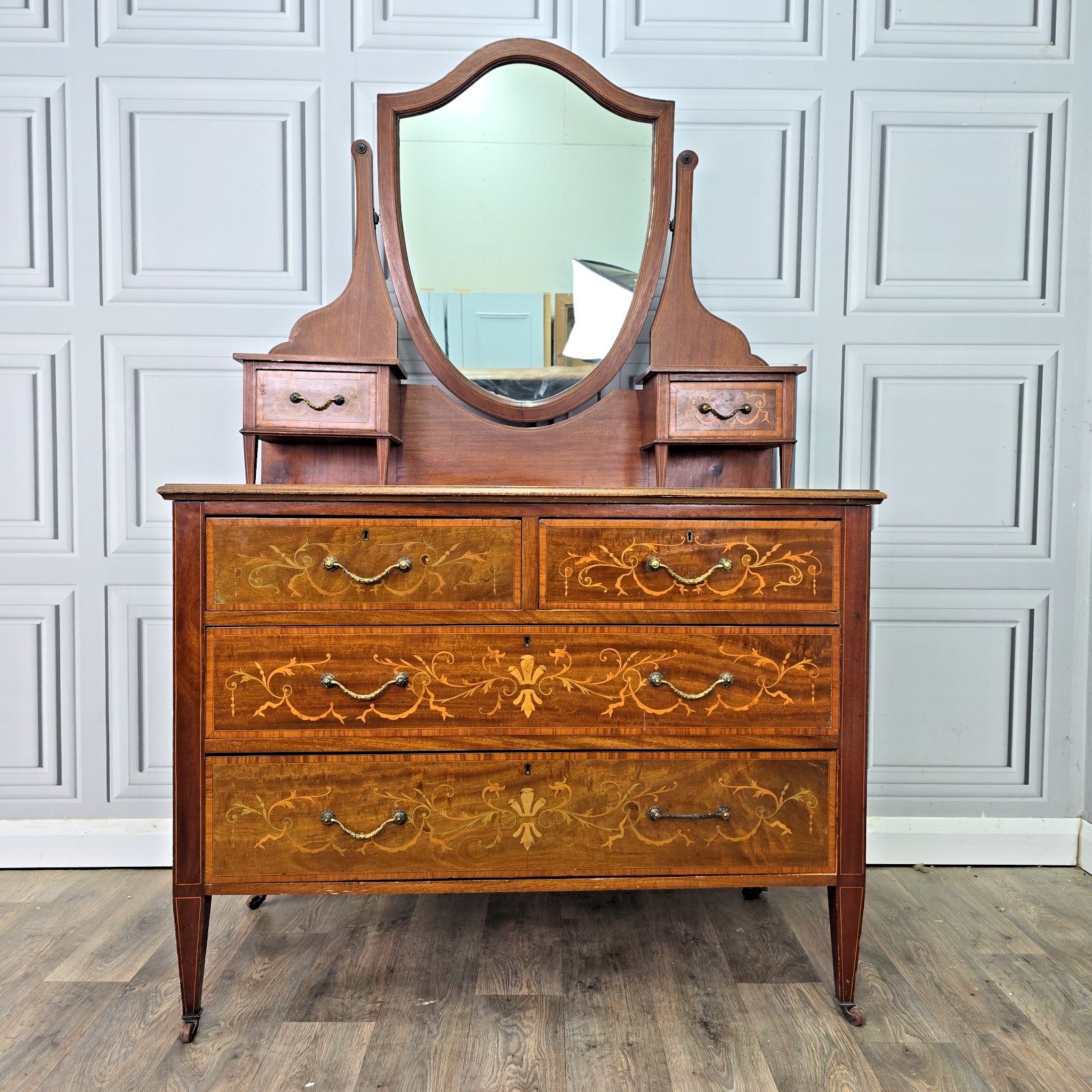 Antique Inlaid Dressing Table Wooden Mahogany Vanity Shield Mirror Edwardian photo furniture