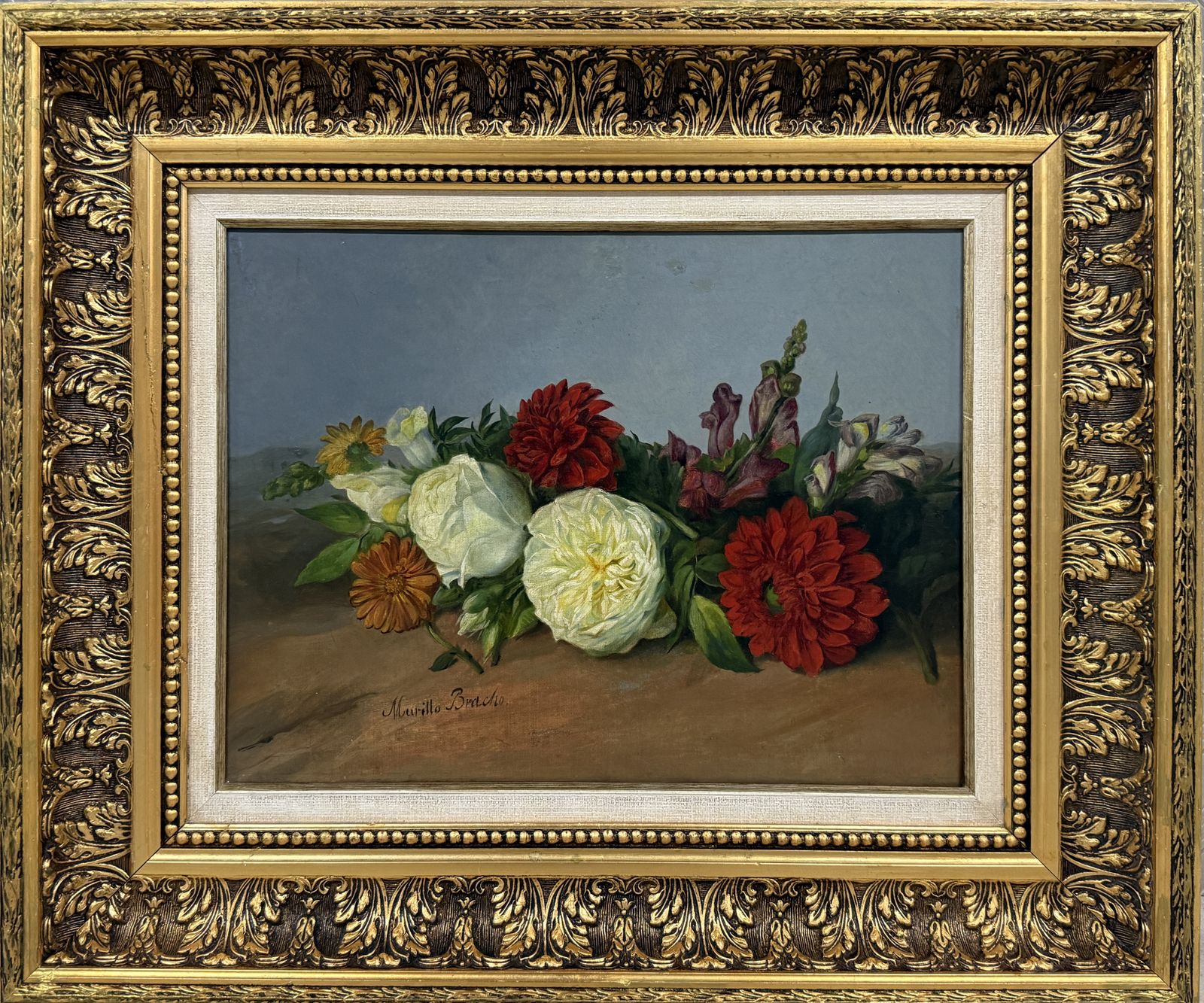 José María Murillo Bracho – Bloemenstilleven met rozen, 19e-eeuws Spaans olieverfchilderij, jaren 1860