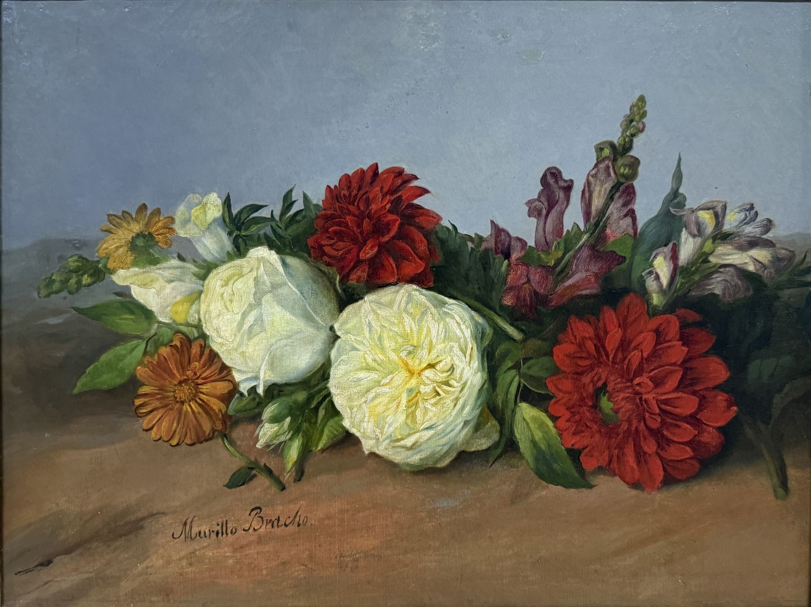 José María Murillo Bracho – Bloemenstilleven met rozen, 19e-eeuws Spaans olieverfchilderij, jaren 1860 photo furniture