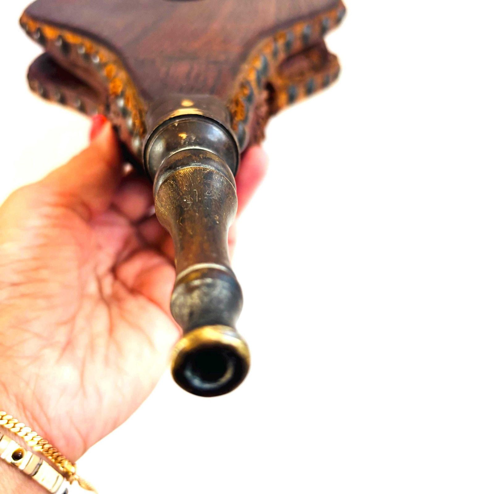 photo vintage 1890 Collectors Arts & Crafts Carved Oak Leather Fireplace Bellows Style Of Arthur Simpson Of Kendal