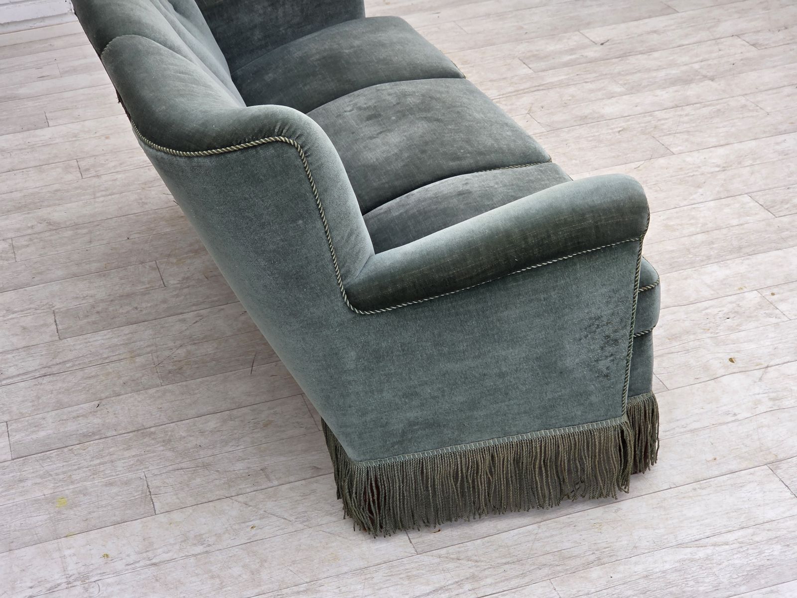 photo for sale 1960s, 3 Seater Danish Sofa, Green Furniture Velour.