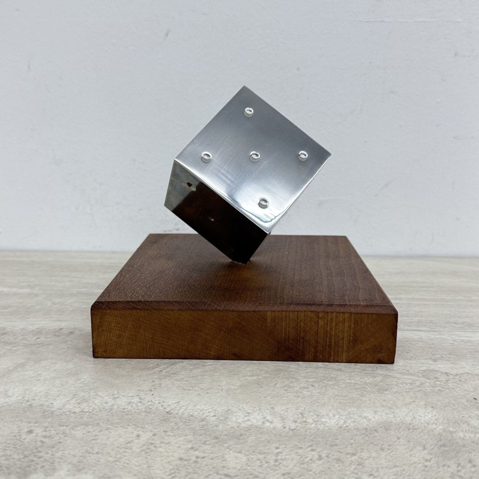 photo furniture Mid Century Metal Dice Sculpture With Wooden Base , 1970s
