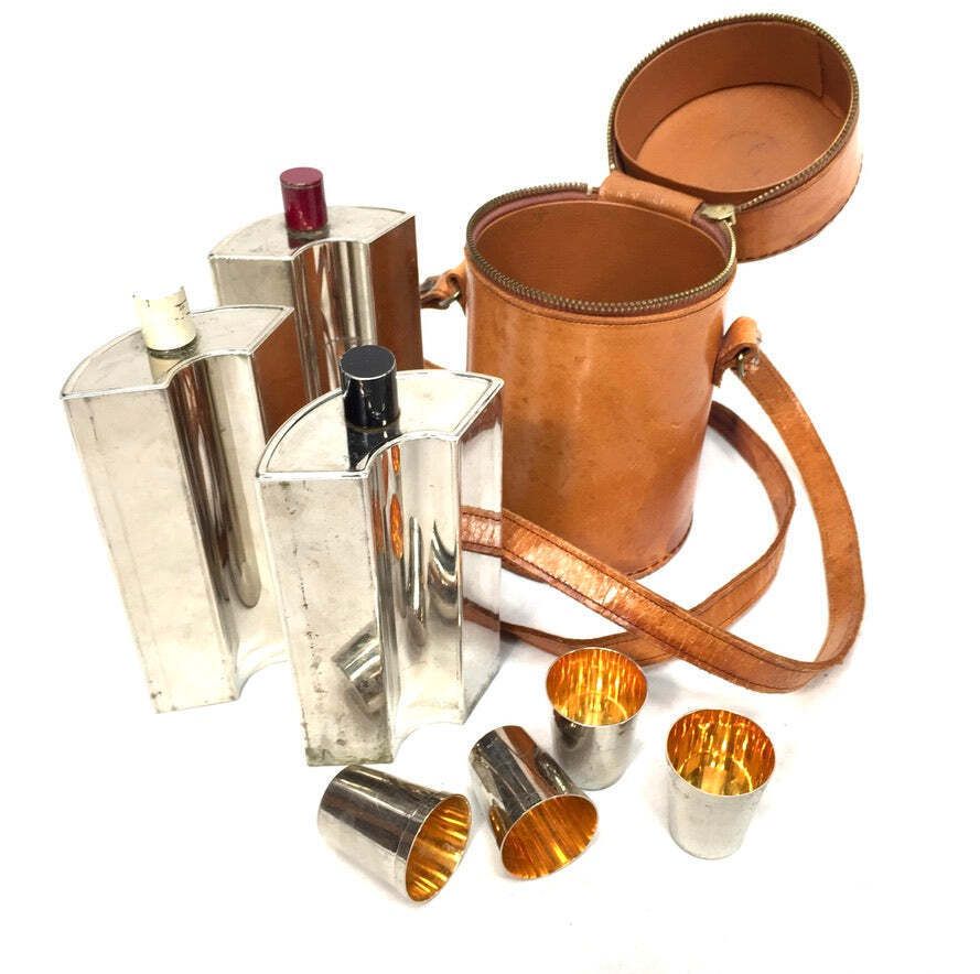 photo furniture Antique Deco Metal Bottle Hip Flask Set In Original Leather Travel Case C.1930