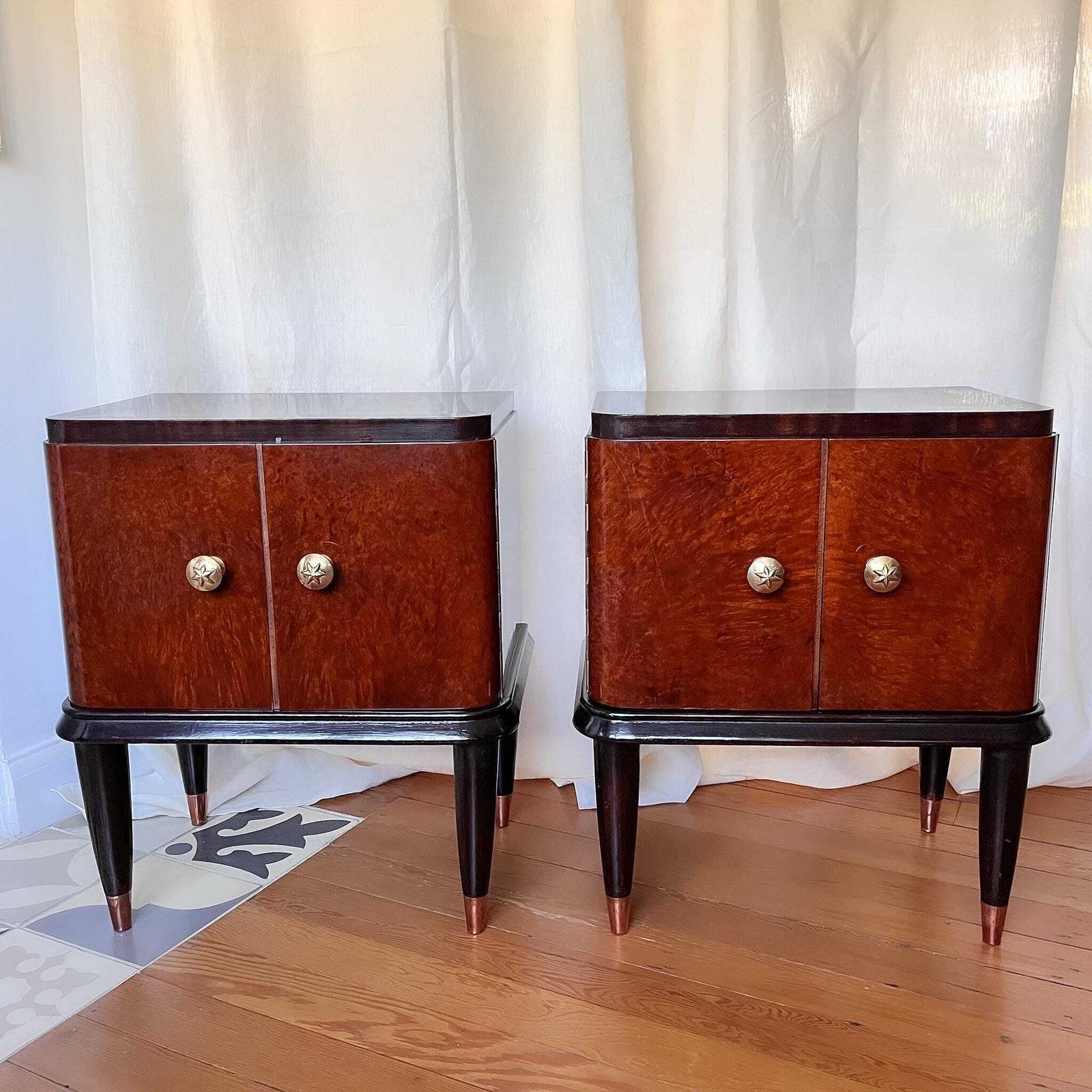 Pair Of Italian Mid Century Burl Mahogany Bedside Cabinets photo furniture