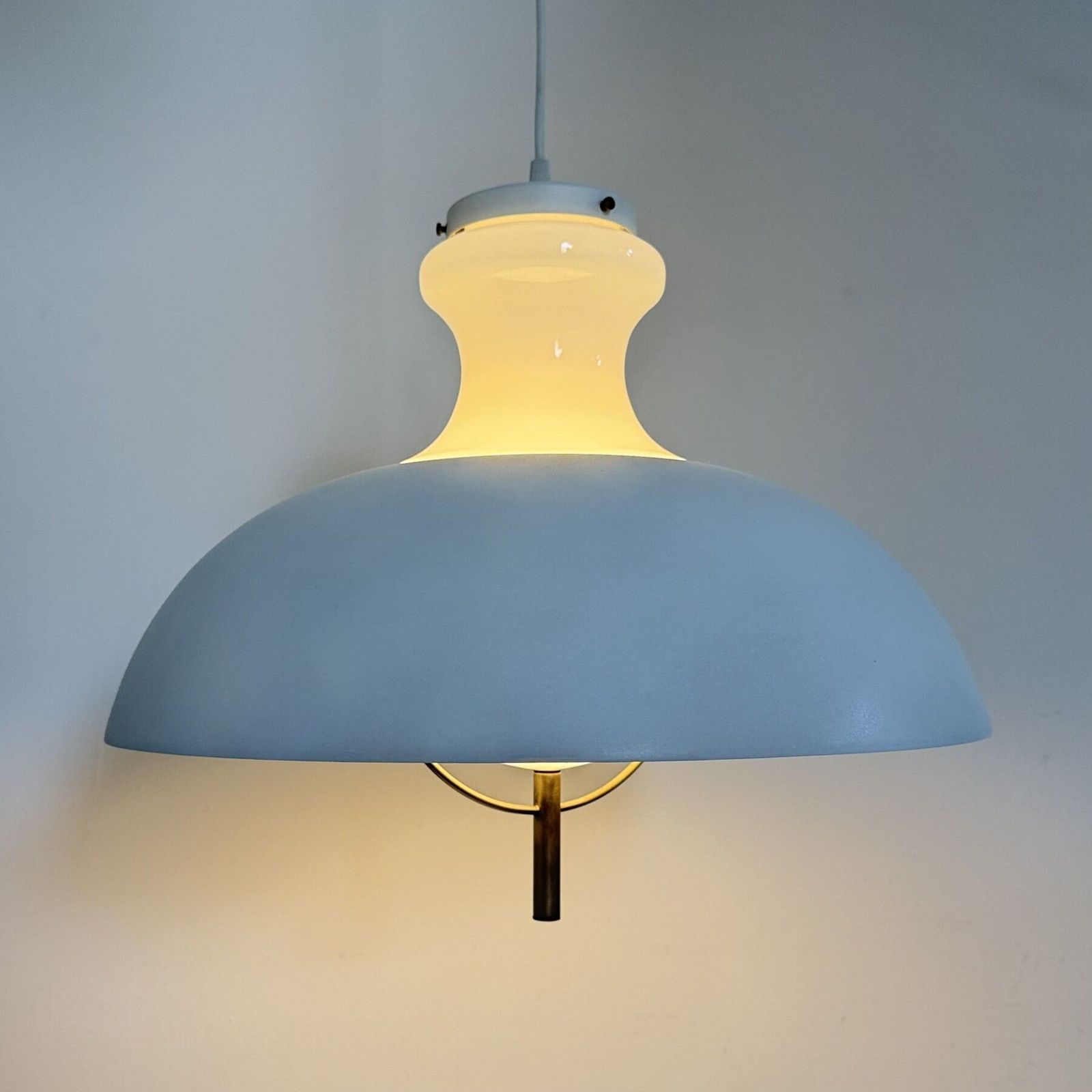 Vintage glazen hanglamp met metalen kap, minimalistisch design, jaren 1970 photo for sale