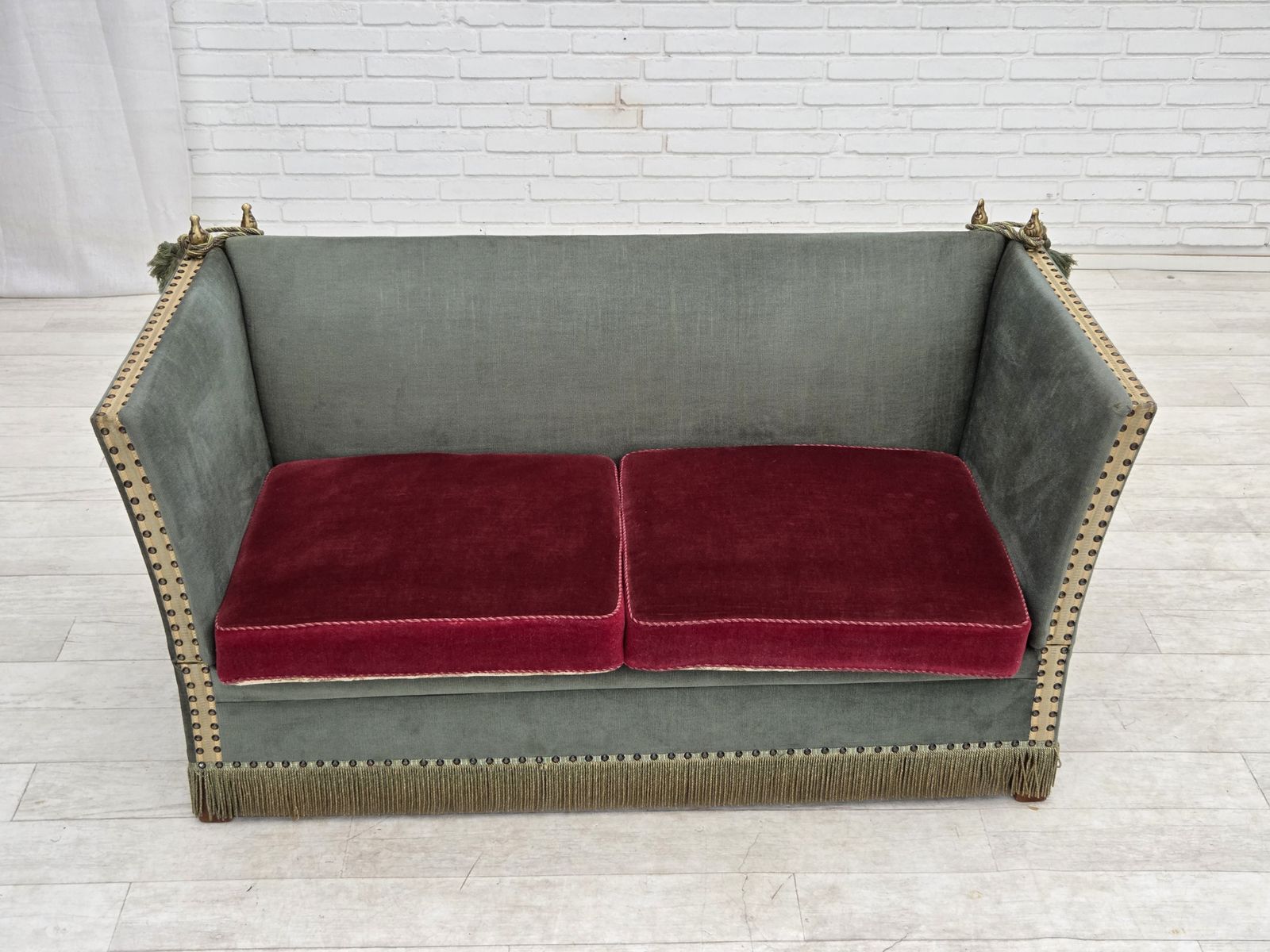 1970s, Danish 2 Seater Drop Arm "Spanish" Sofa, Green And Red Velour. photo furniture