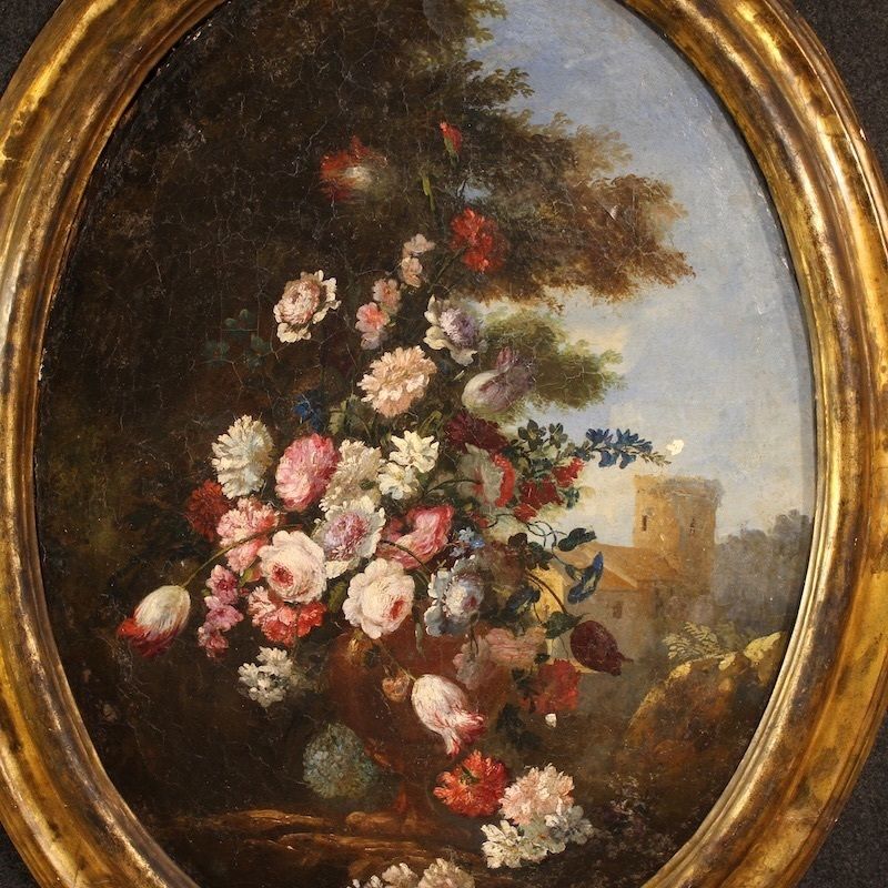 Antique Italian Oval Still Life Painting From The 18th Century photo for sale
