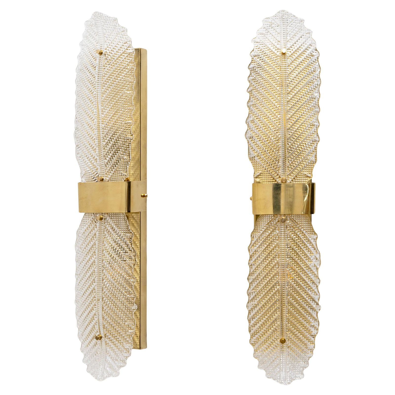 Paar "Graniglia" Murano-glazen en messing bladvormige wandlampen