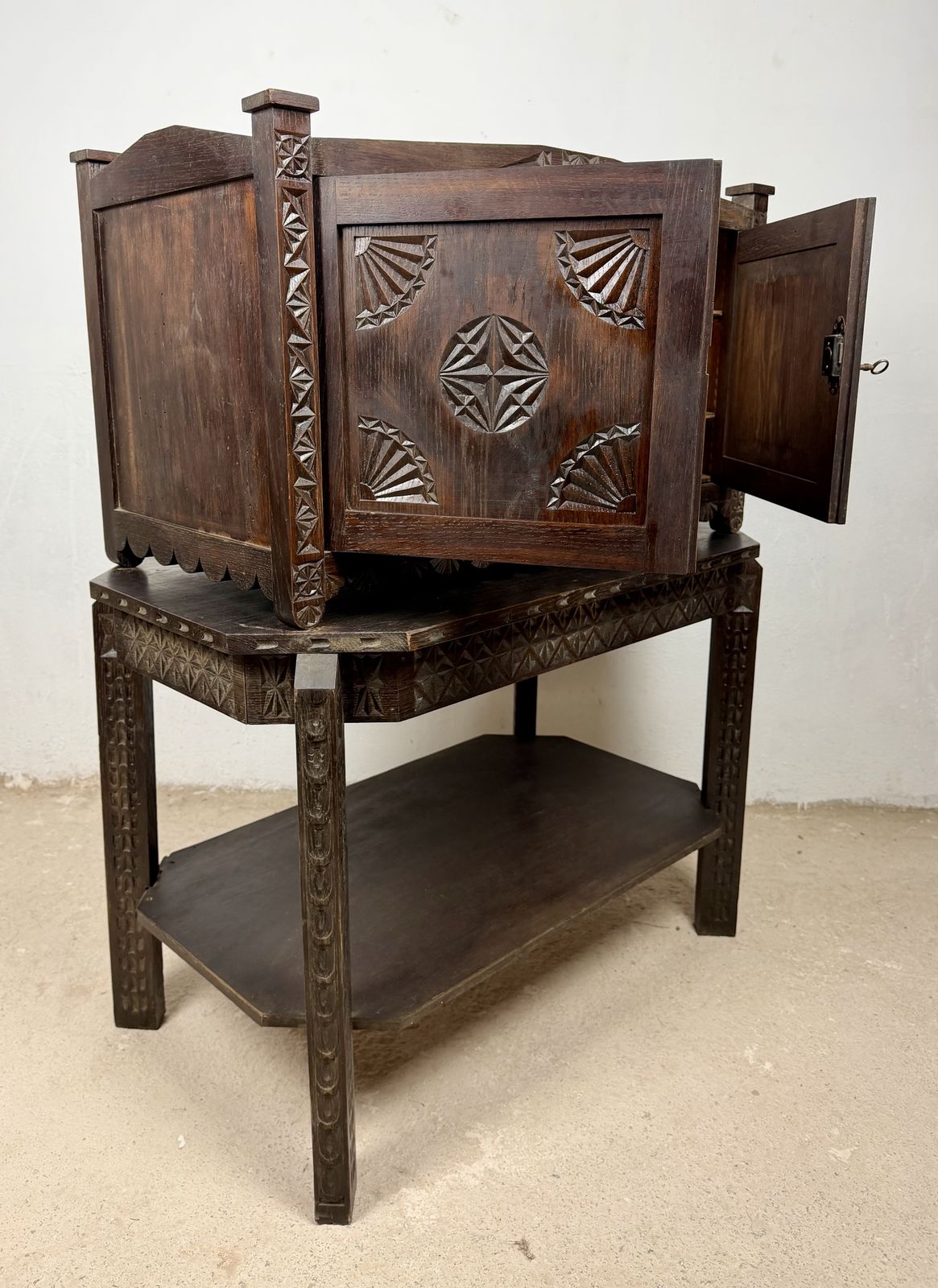 photo furniture Spanish Carved Oak Bargueño On Stand, 20th Century