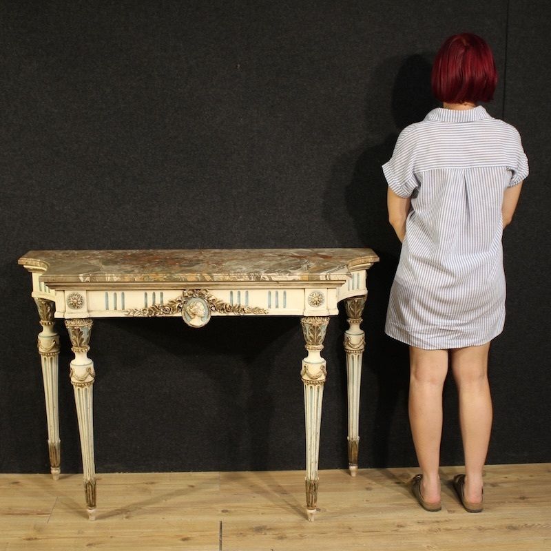 Italiaanse gelakte Louis XVI-stijl console met marmeren blad photo furniture