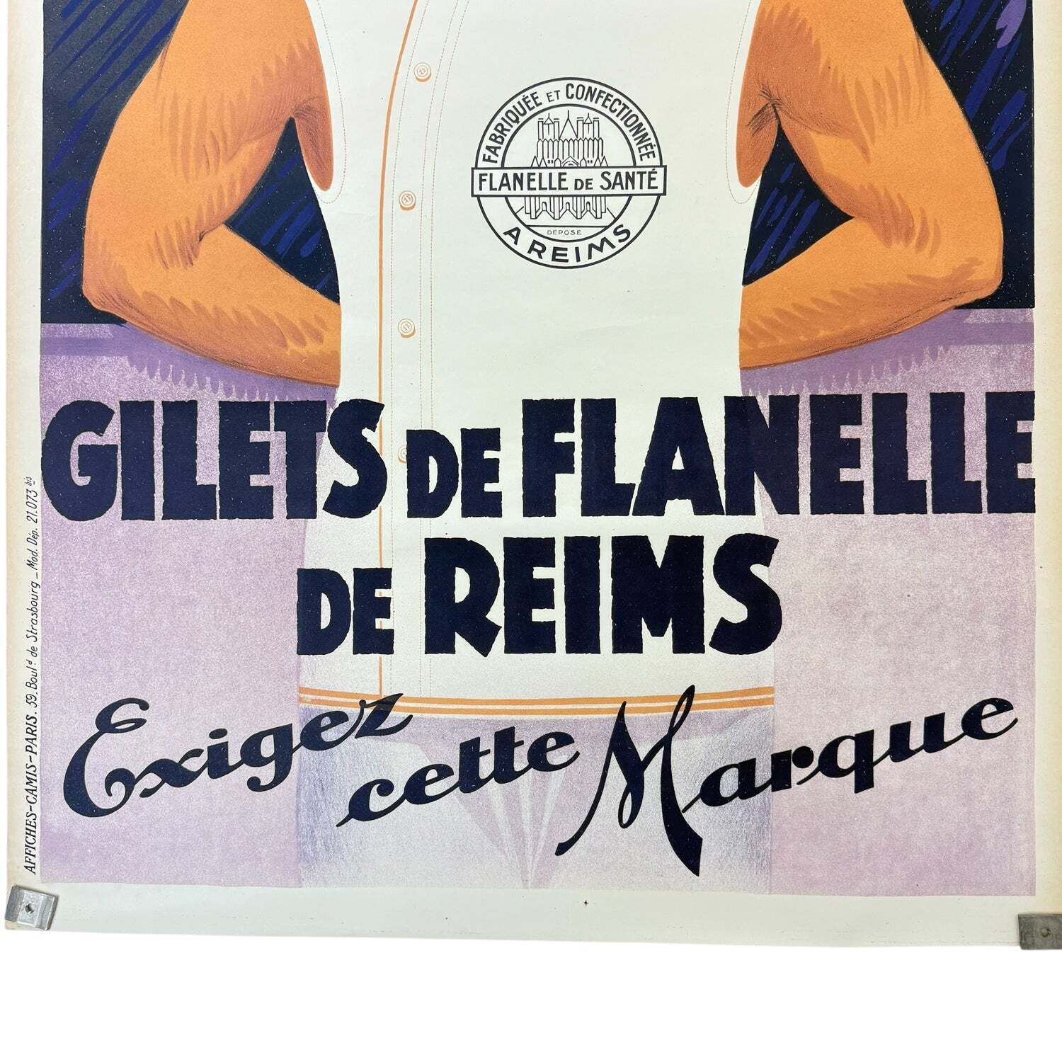 Antieke Franse Reclameposter Gilets De Flanelle De Reims jaren 1920 photo for sale