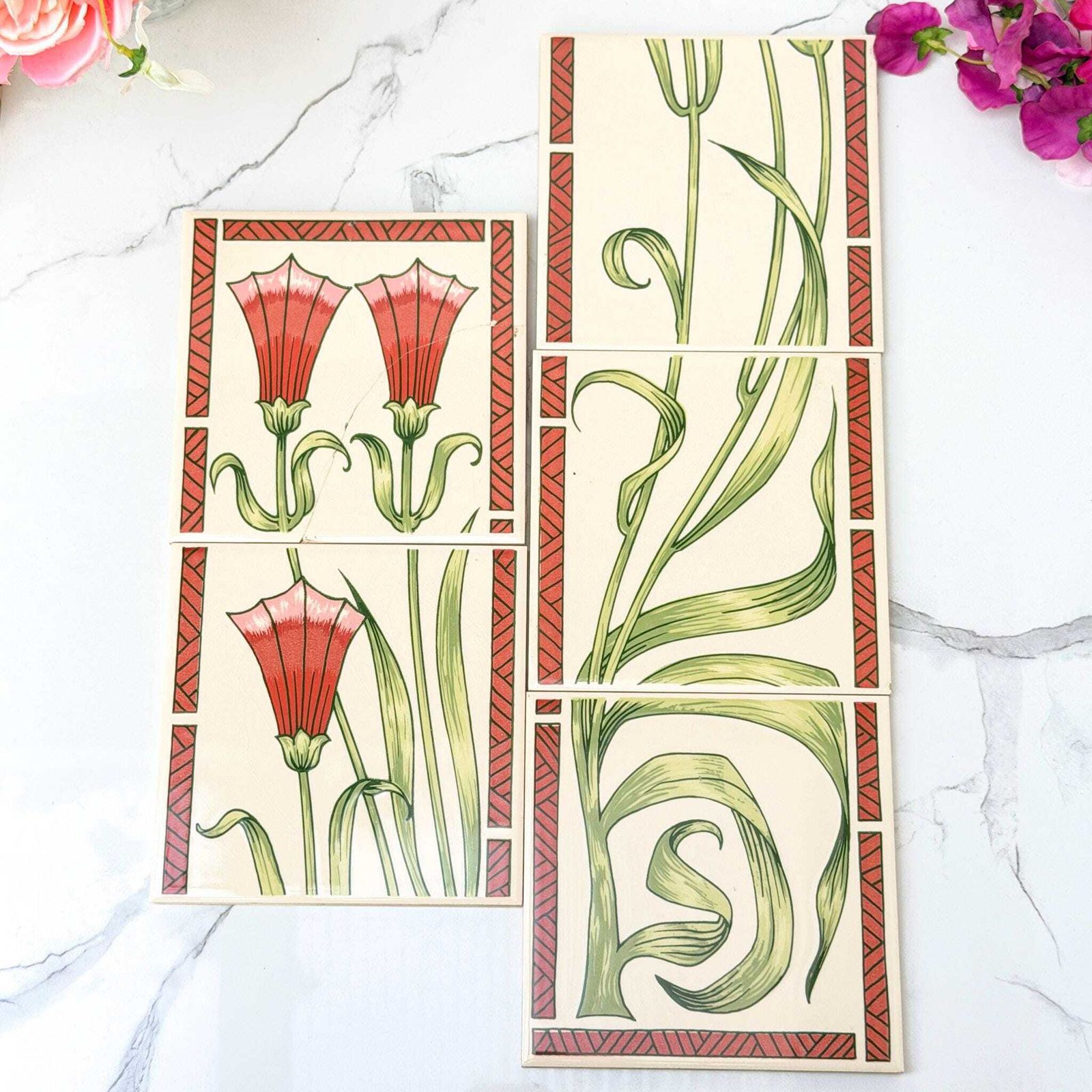 H&R Johnson Art Nouveau Floral Ceramic Tiles Set 6 Vintage