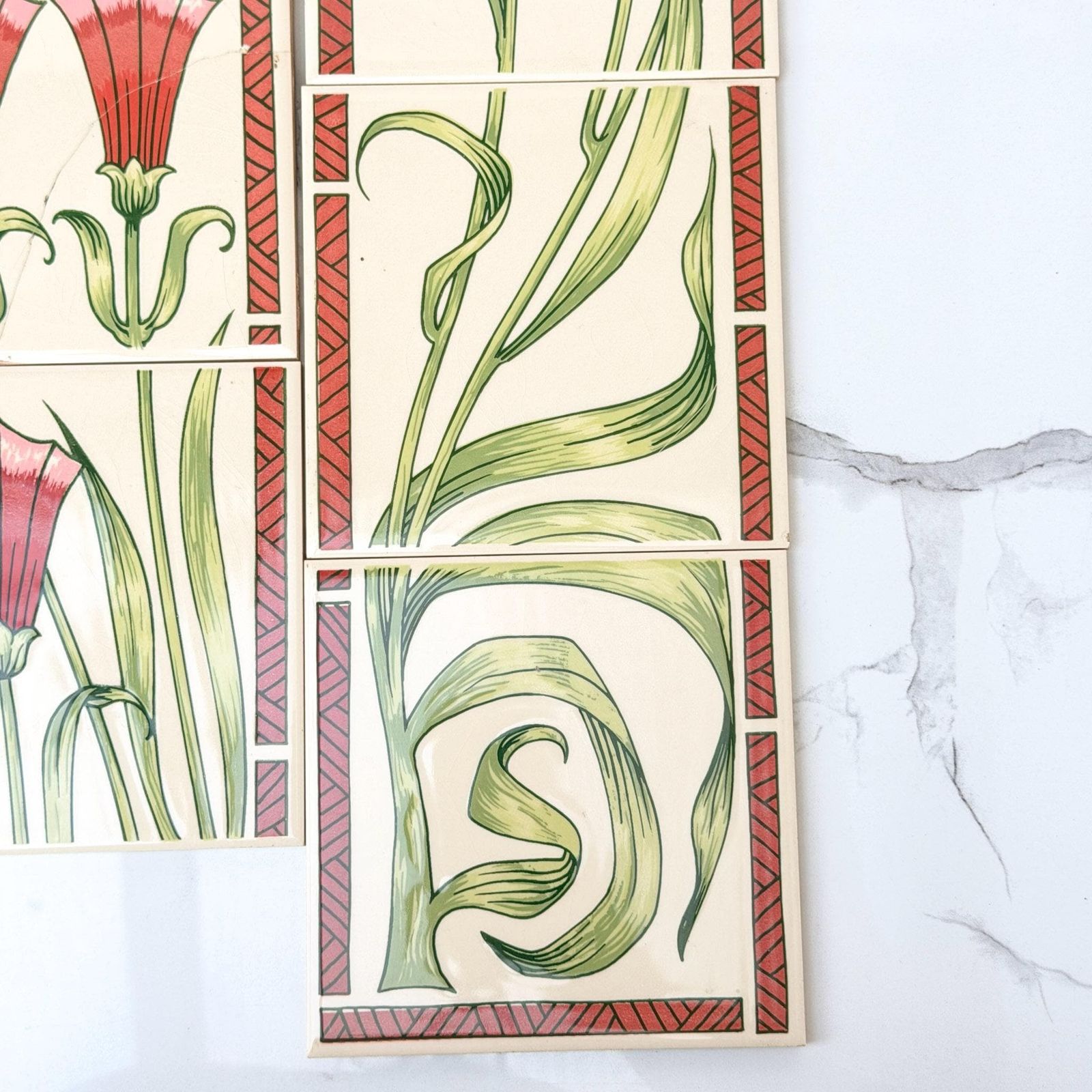 H&R Johnson Art Nouveau Floral Ceramic Tiles Set 6 Vintage photo furniture