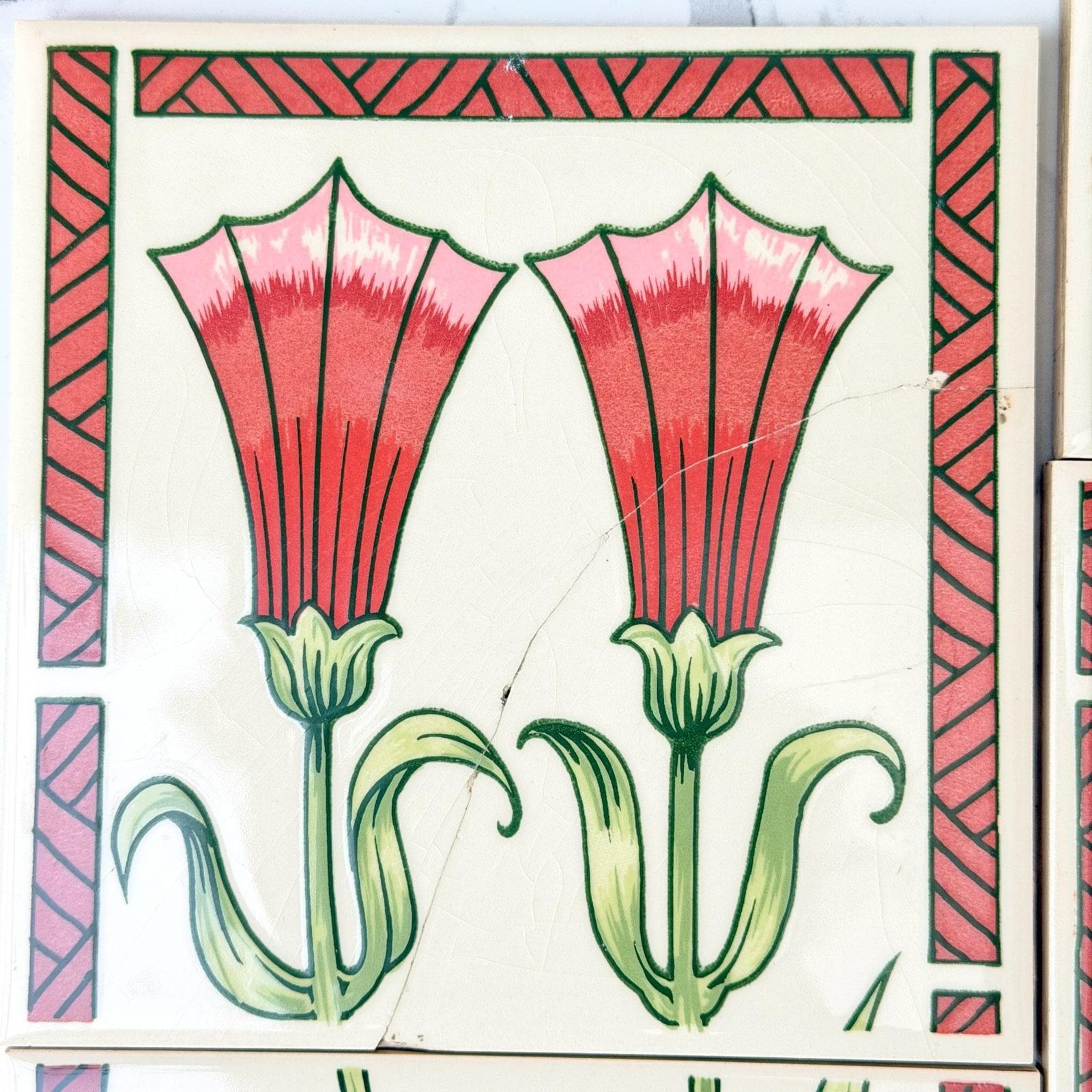 H&R Johnson Art Nouveau Floral Ceramic Tiles Set 6 Vintage photo vinterior