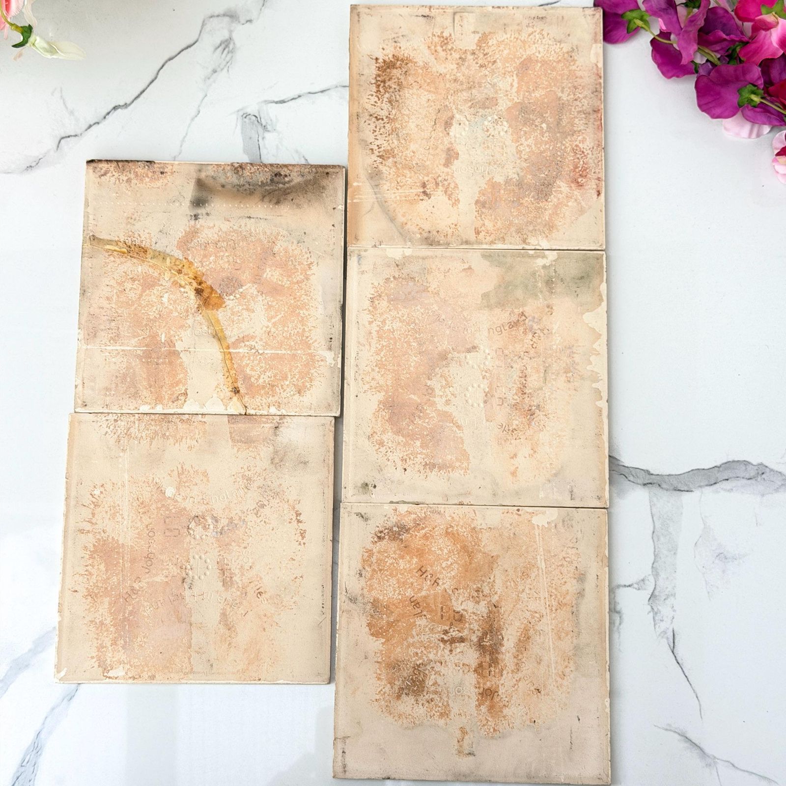 Bouwonderdelen H&R Johnson Art Nouveau Floral Ceramic Tiles Set 6 Vintage photo