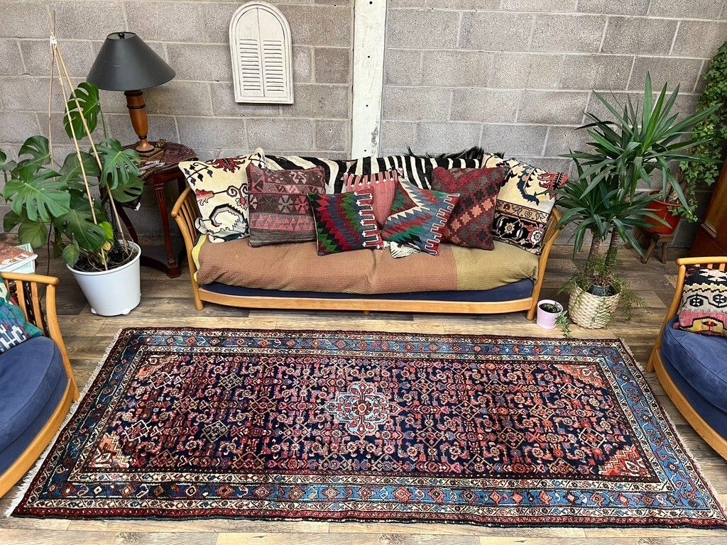 Vintage vloerkleed 289x123 cm, middelgroot, tribaal oosters tapijt marineblauw, rood 2465