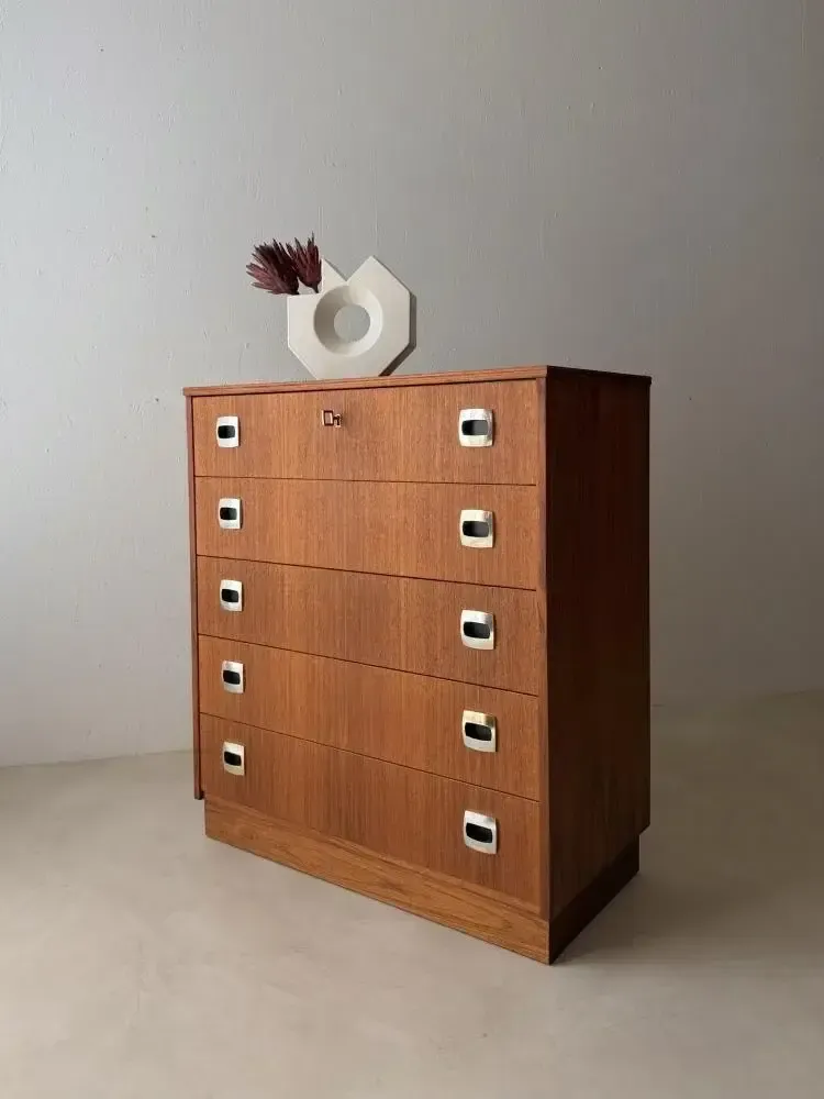 Swedish Mid Century Teak Chest Of Drawers, Five Drawers