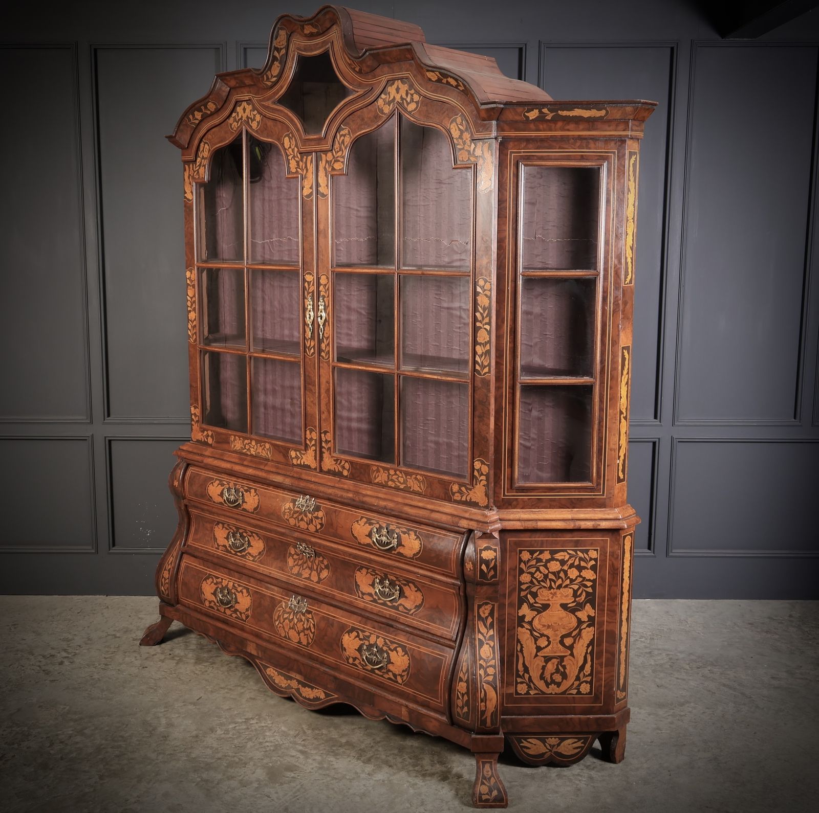 Large Marquetry Inlaid Walnut Bombe Shaped Cabinet photo Furniture