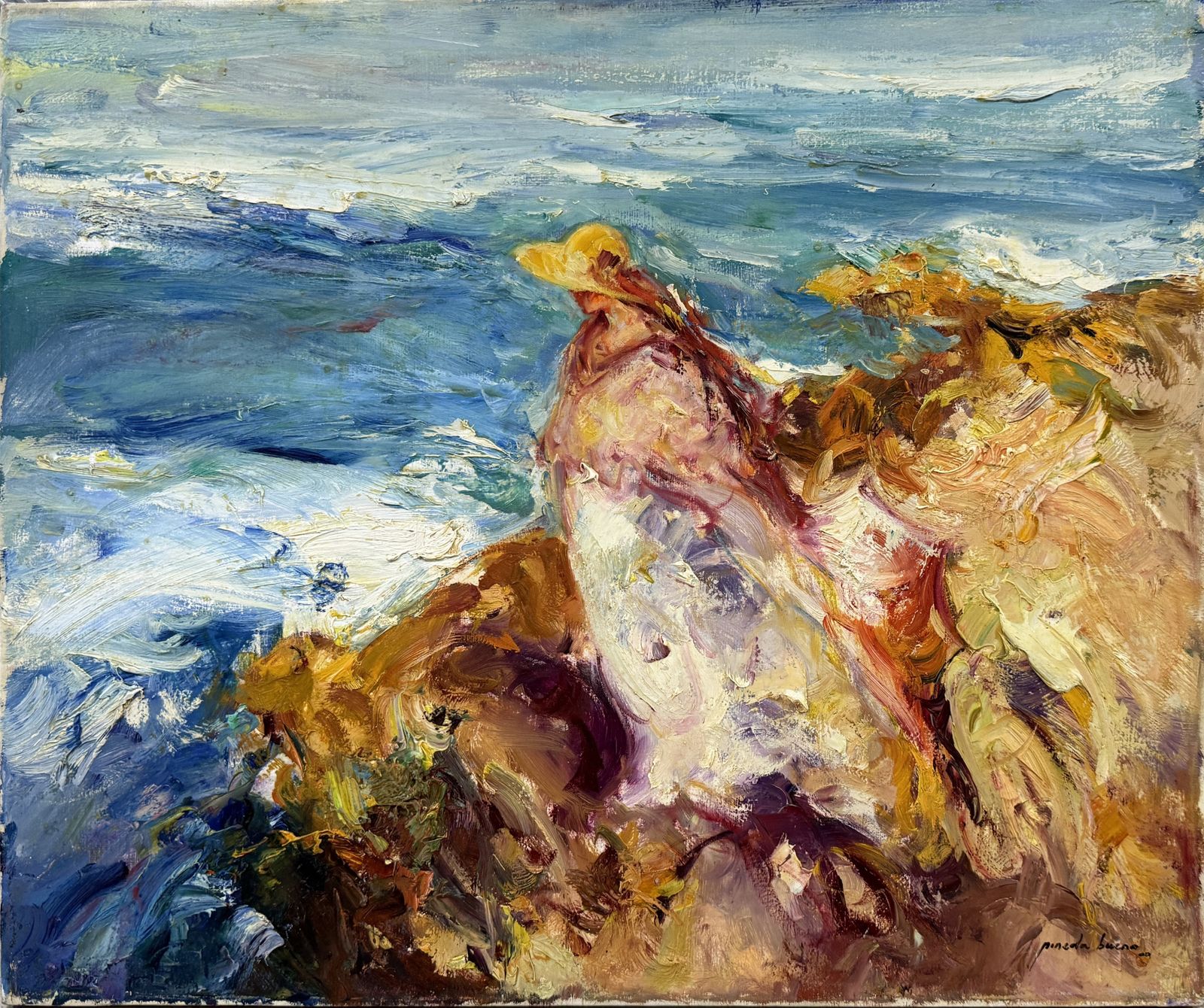 Jose Antonio Pineda Bueno, Femme méditerranéenne sur les rochers, peinture de marine à l'huile, art expressionniste espagnol, 2000