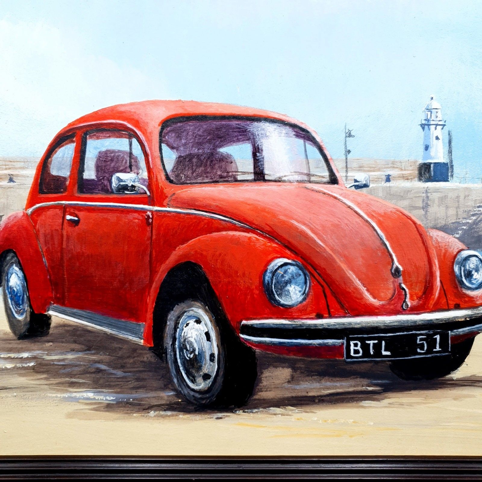 photo vinterior Gesigneerd Tj Oswald Olieverf op Paneel Volkswagen Beetle Auto Ingelijst L46,5 cm x 35,5 cm