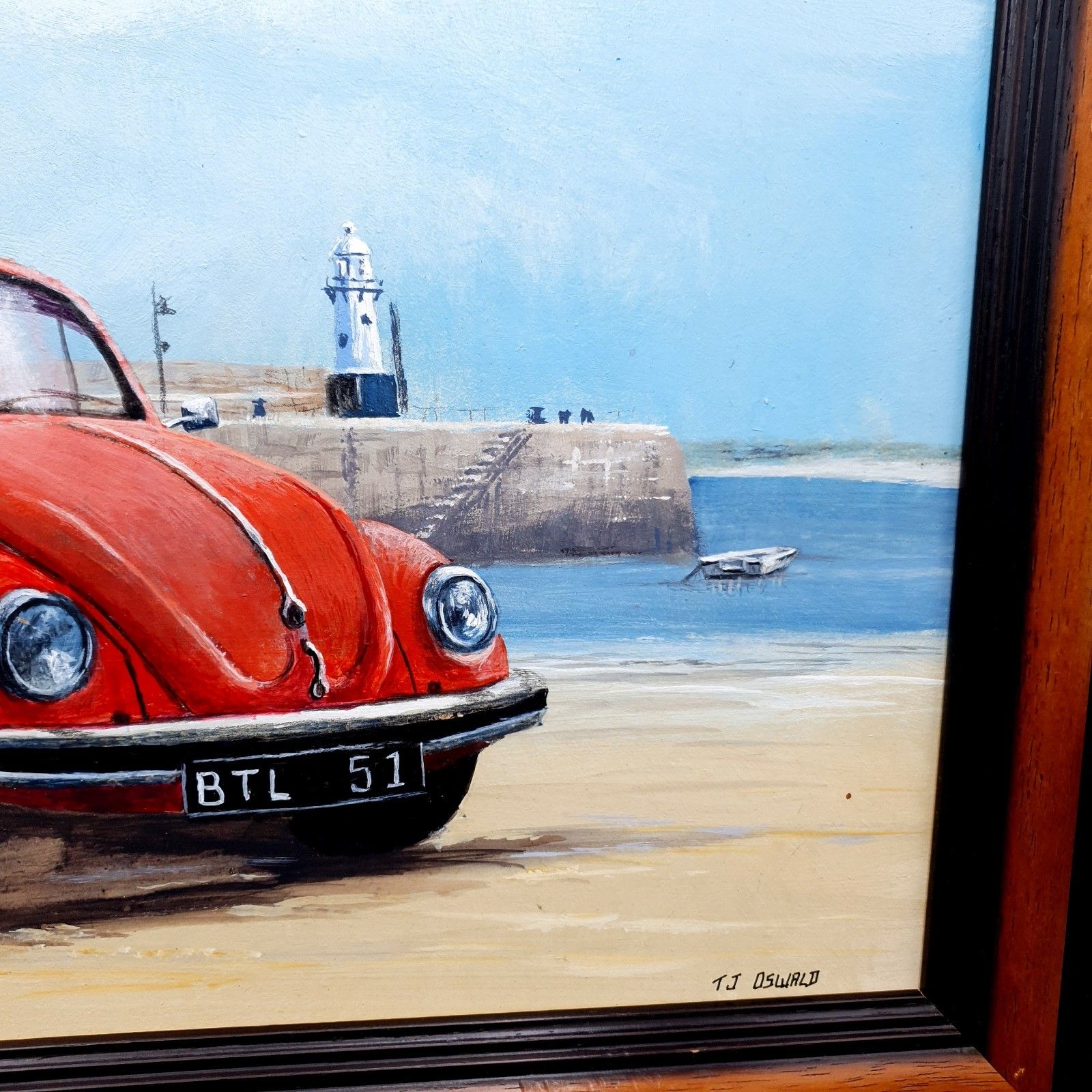 photo buy Gesigneerd Tj Oswald Olieverf op Paneel Volkswagen Beetle Auto Ingelijst L46,5 cm x 35,5 cm