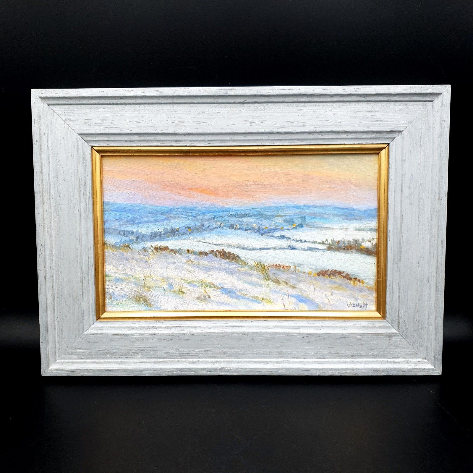 Virginia Albutt Gesigneerd Olieverf op Board Zonsondergang boven Magog Down L35,4xH24,8cm Ingelijst