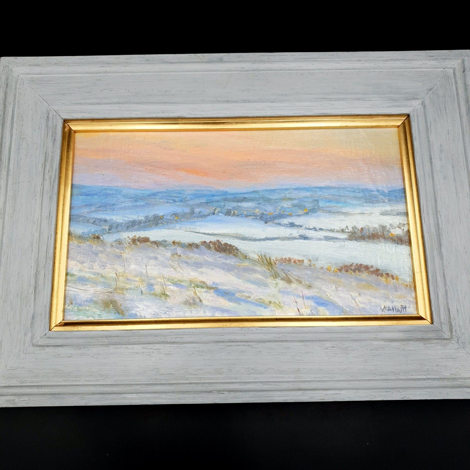 Kunst Virginia Albutt Gesigneerd Olieverf op Board Zonsondergang boven Magog Down L35,4xH24,8cm Ingelijst photo