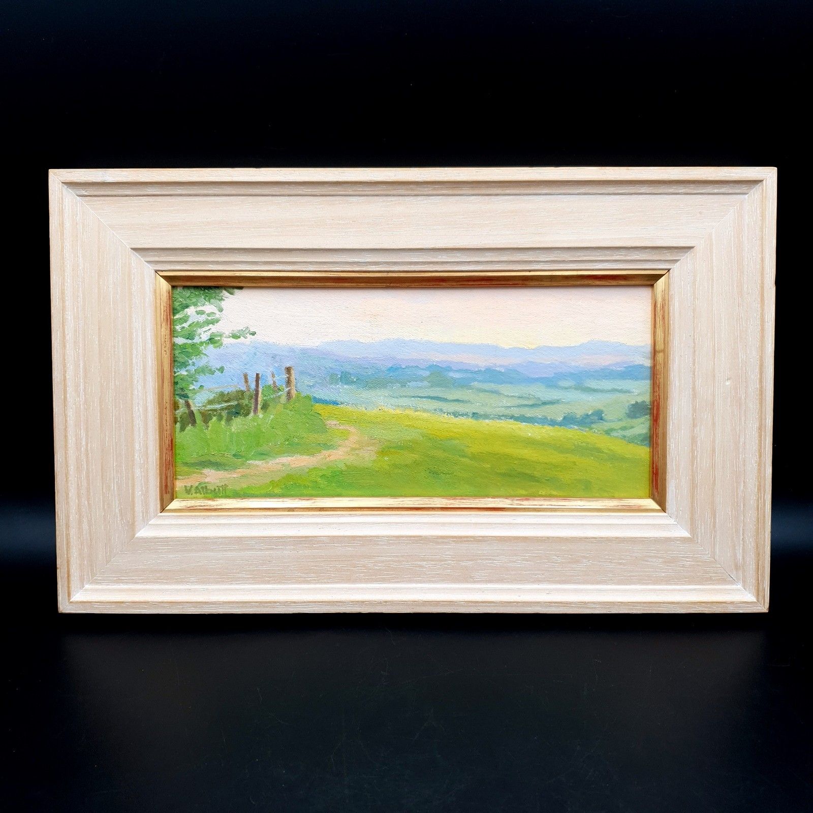 Virginia Albutt Gesigneerd Olieverf Op Board Magog Down Sunset L35,5xH21,4cm Ingelijst
