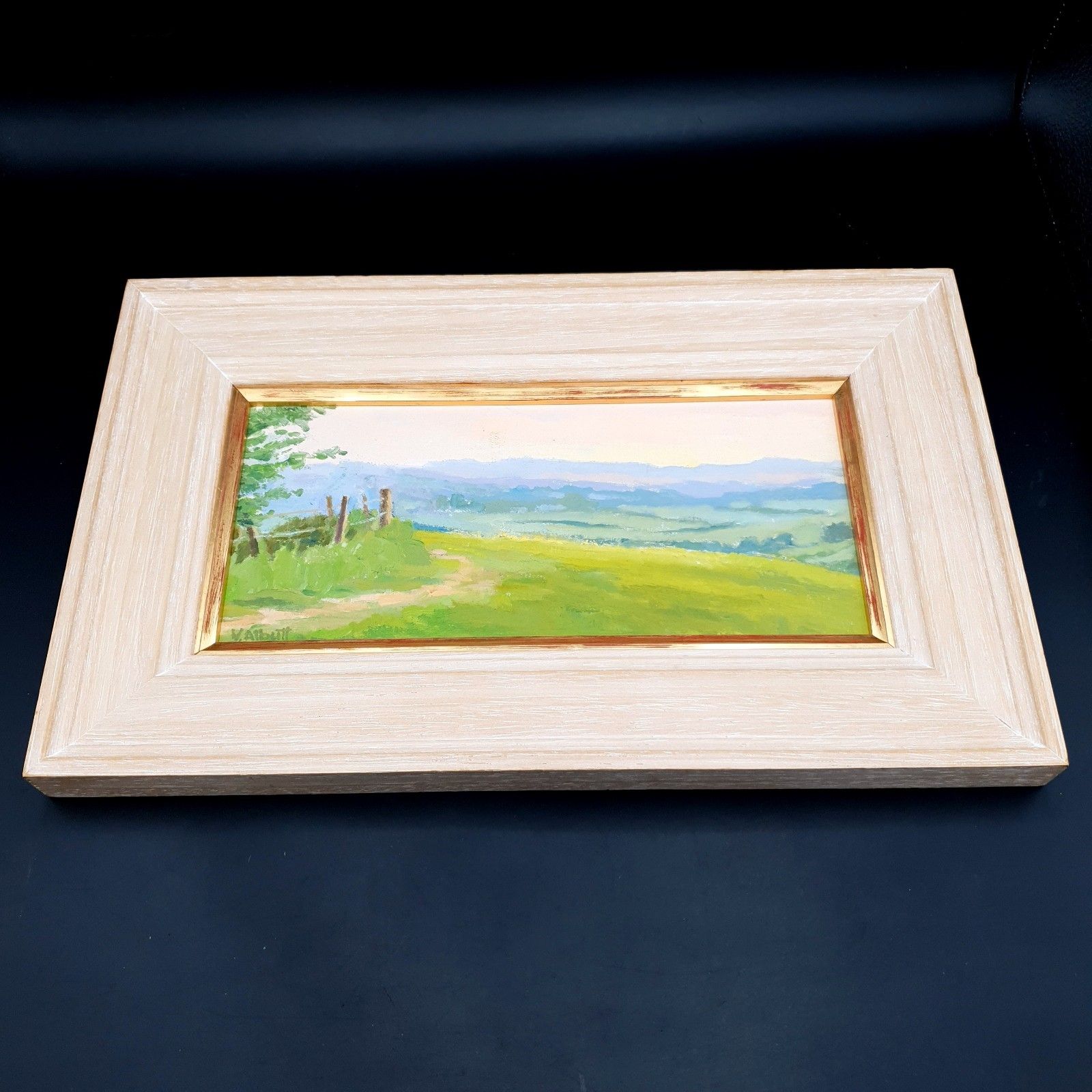 photo furniture Virginia Albutt Signed Oil On Board Magog Down Sunset L35.5xh21.4cm Framed