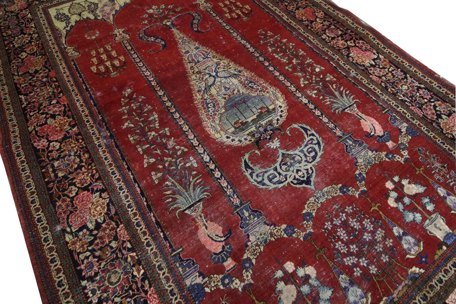 Tapis oriental vintage fait main, arbre de vie, rouge, pour salon photo for sale