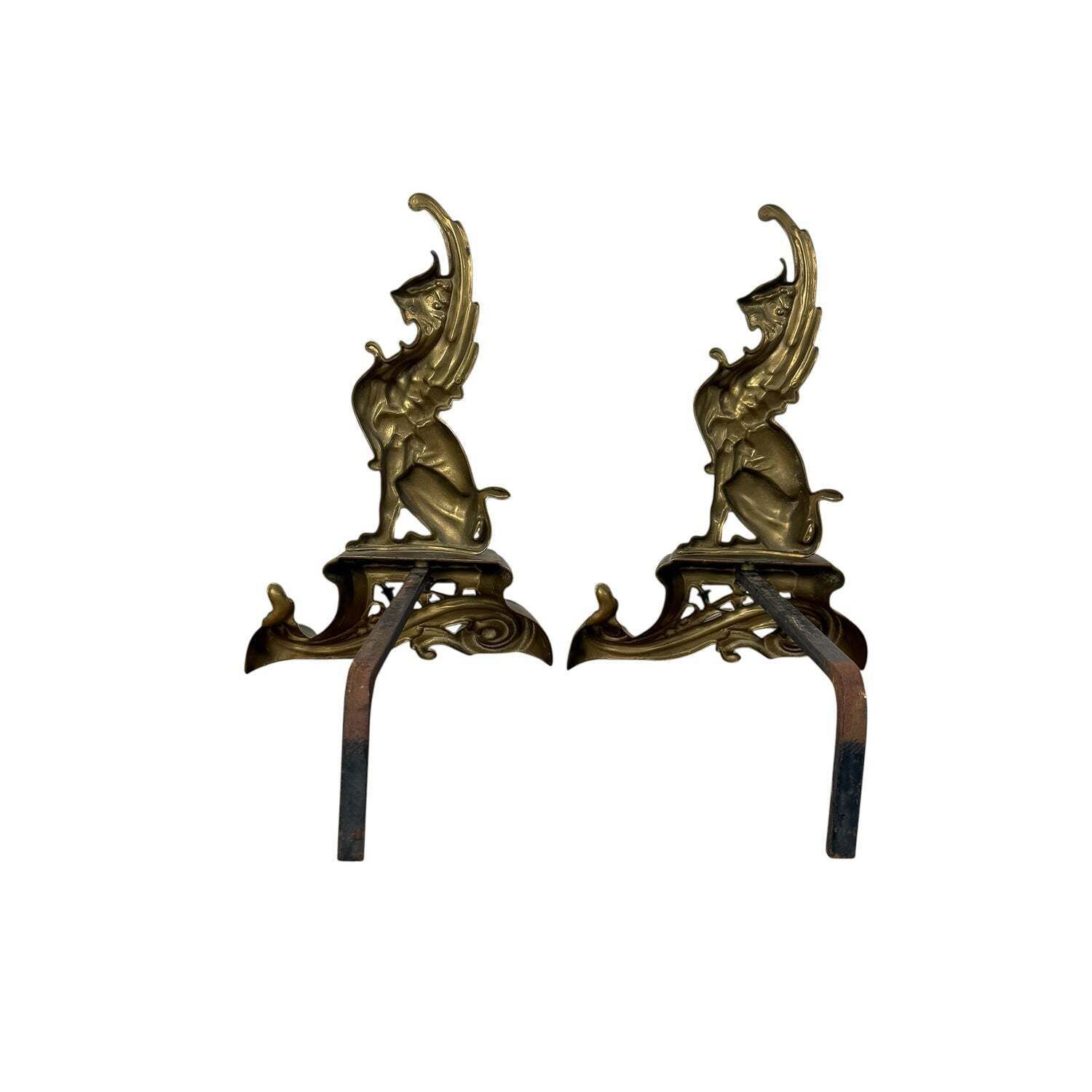 photo furniture Pair Of Antique Art Nouveau Brass Griffin Andirons