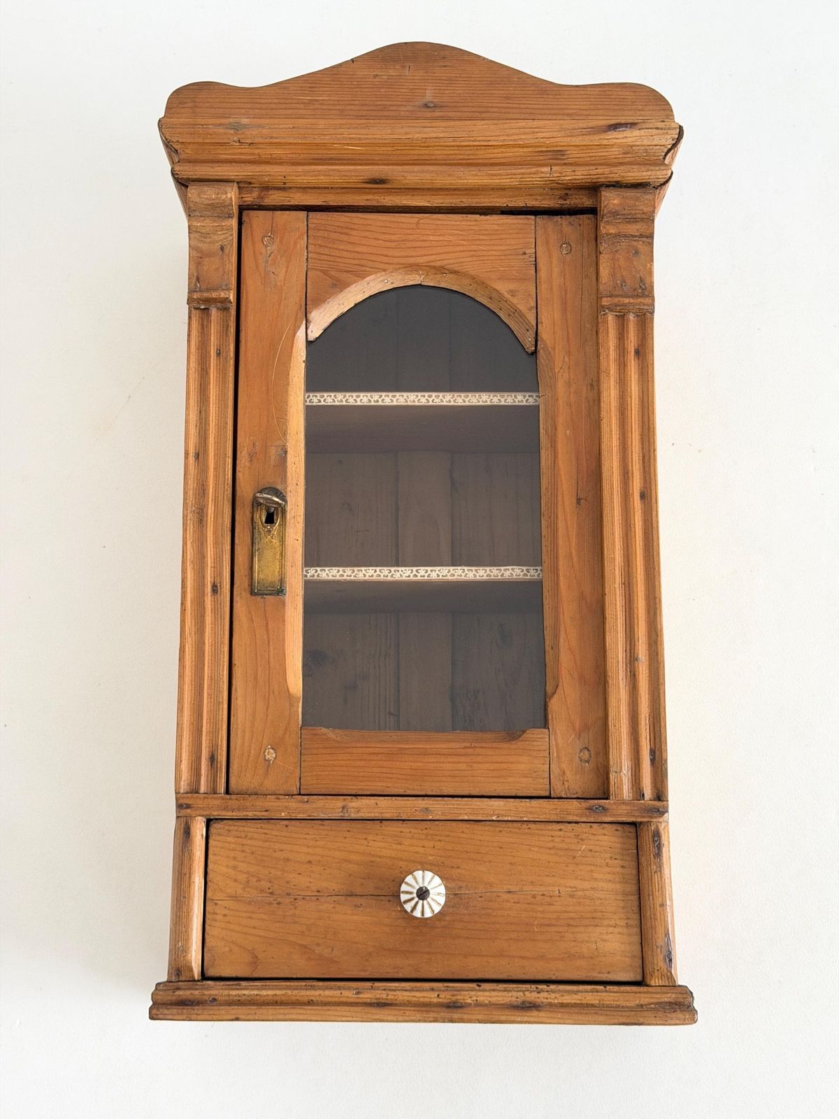 Antique Pine Hanging Cabinet With Glass Door, Lock & Key, Rustic Wall Cabinet With Drawer, Farmhouse Cupboard photo furniture