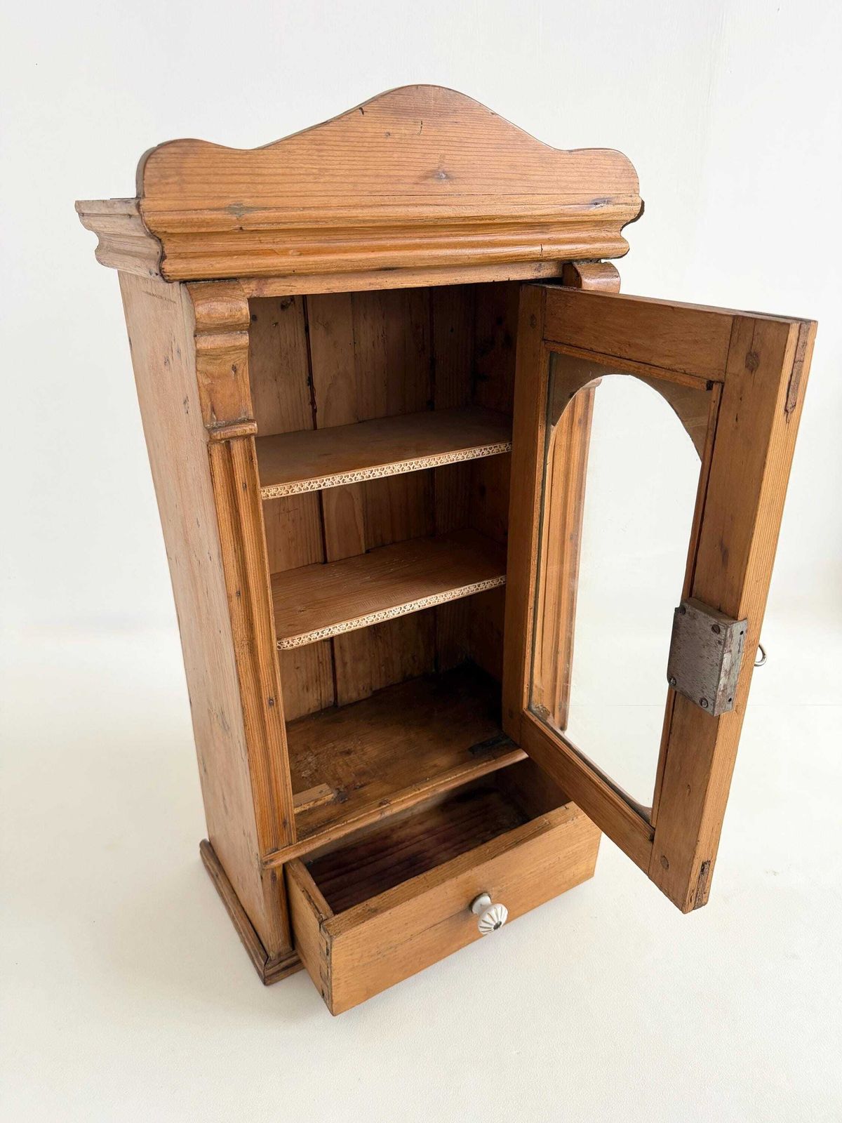 photo for sale Antique Pine Hanging Cabinet With Glass Door, Lock & Key, Rustic Wall Cabinet With Drawer, Farmhouse Cupboard